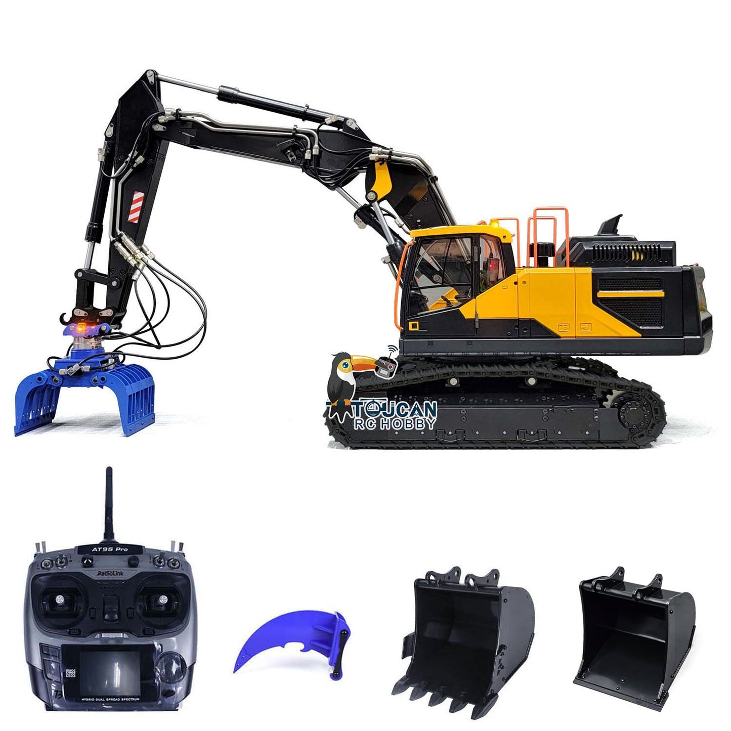 1/14 EC380 10CH MTMODEL Tracked RC Hydraulic Excavator Digger 3 Arms Metal Heavy Machine Model Grab AT9S Remote Controller