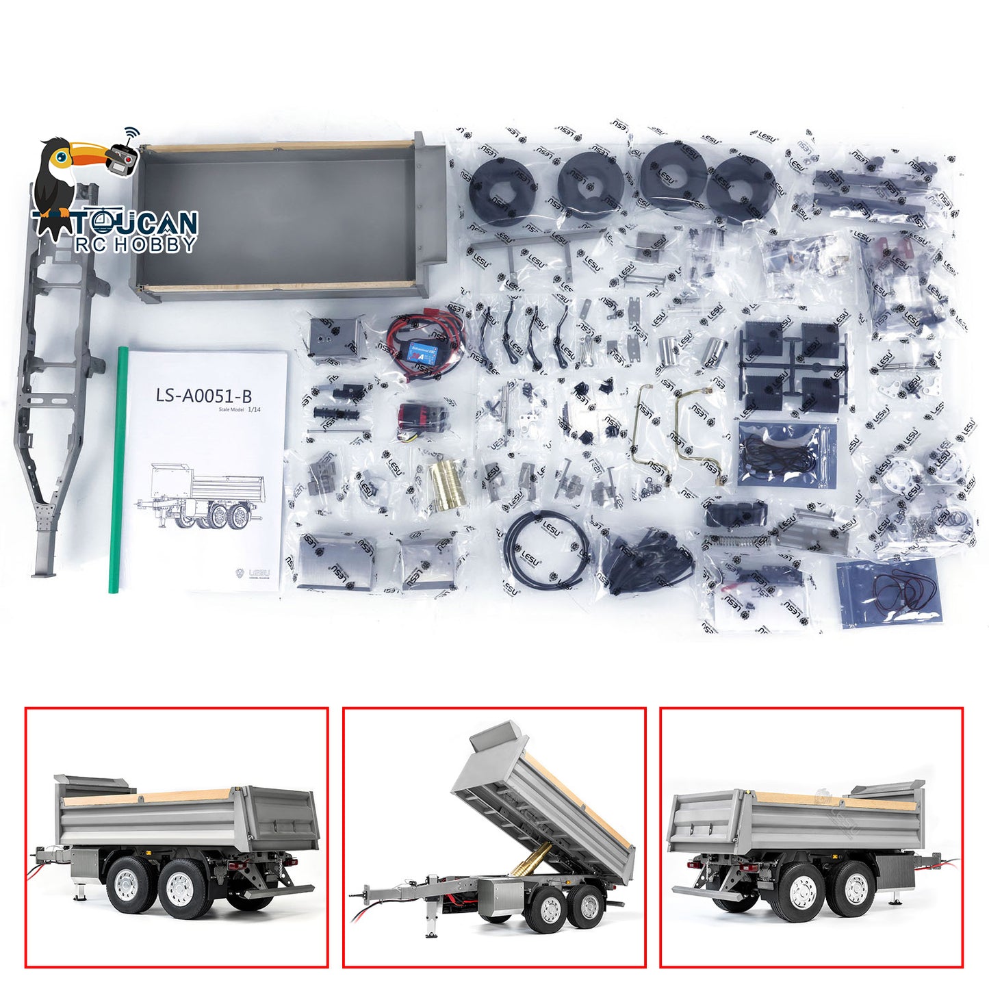 LESU 2-Axle Metal 1/14 RC Hydraulic Full Trailer Remote Control Dump Truck Model