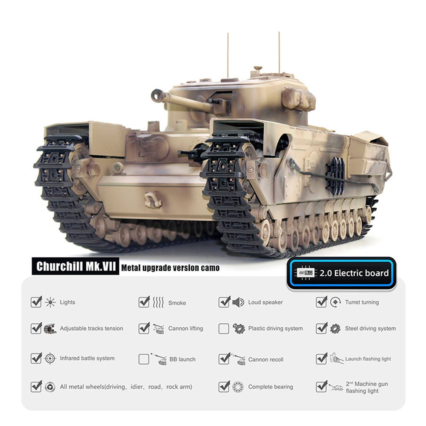 1/16 Military RC Battle Tank Churchill Mk.VII Metal Tracks Tongde Electric Tanks Light Sound Infrared Battle System Smoke Unit