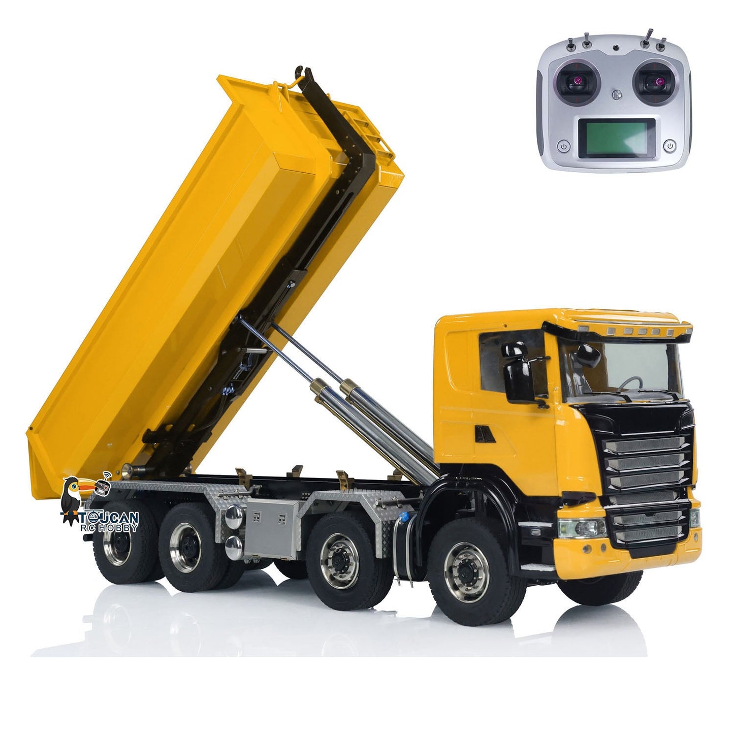 8x8 1/14 Metal RC Hydraulic Dump Truck Remote Controlled Roll-on Full Car U-shaped Short High Bucket Timber Flatbed