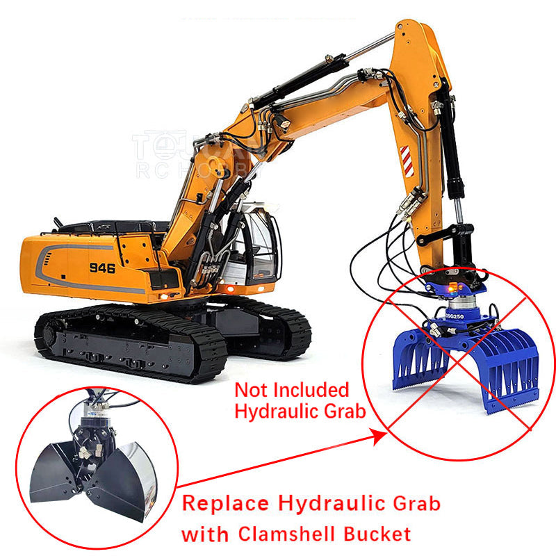 MTMODEL 1:14 946-3 Metal 3 Arms RC Hydraulic Excavator Remote Control Heavy Machine Digger Model Tiltable Clamshell Bucket