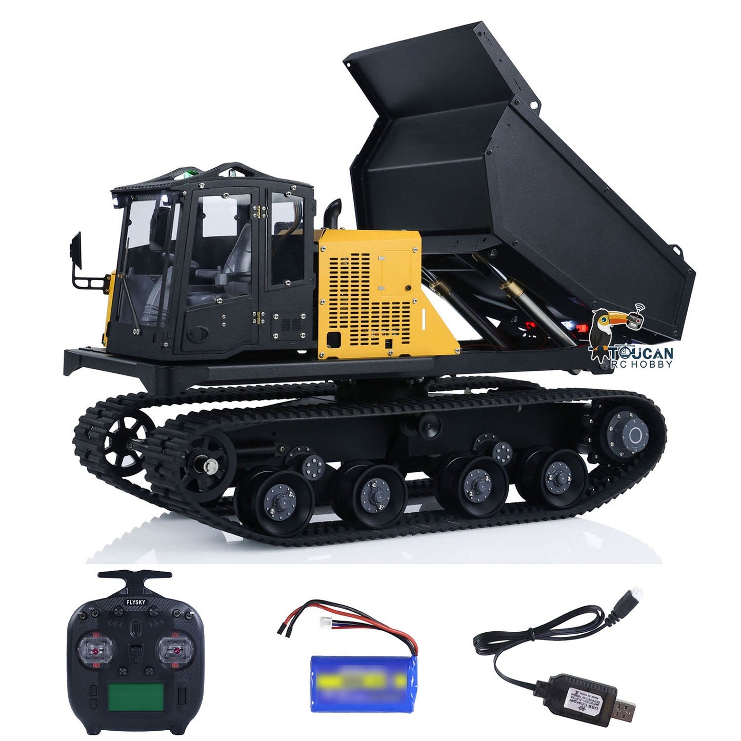 1/14 RC Hydraulic Crawler Dump Truck T14R Metal Tracked Tipper RTR Construction Machine Flysky ST8 Radio Light Sound Battery