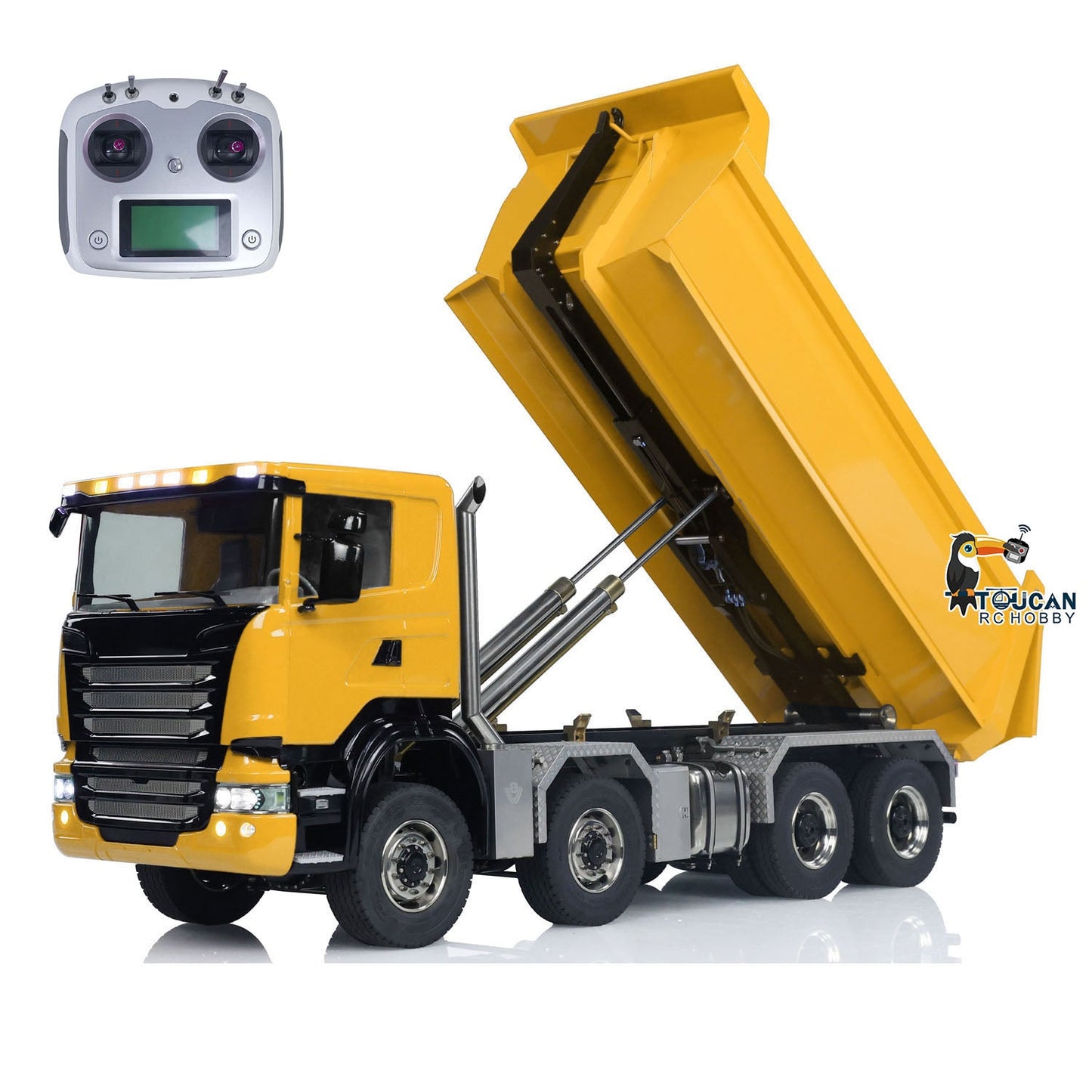 8x8 1/14 Metal RC Hydraulic Dump Truck Remote Controlled Roll-on Full Car U-shaped Short High Bucket Timber Flatbed