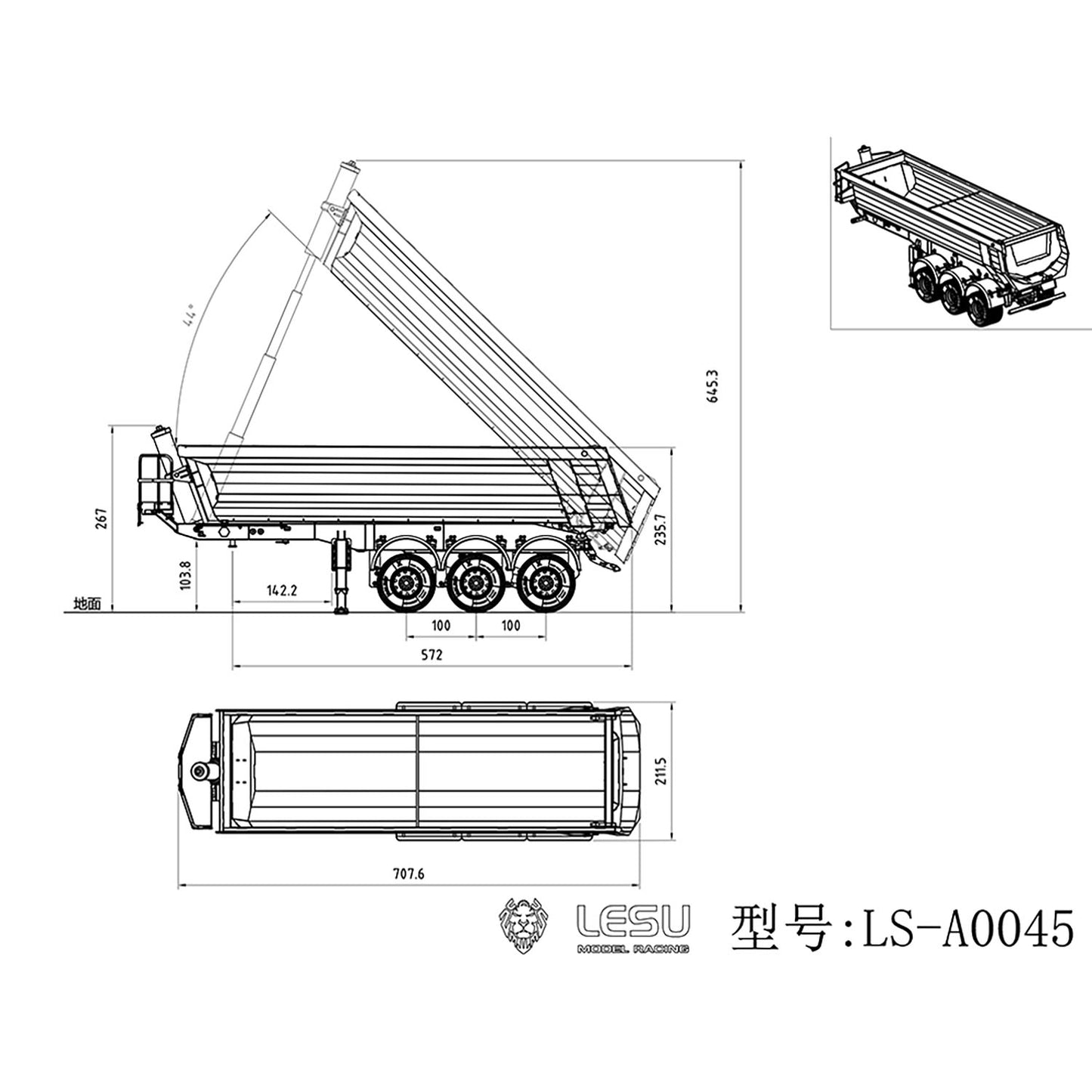 Metal LESU 3Axles 1/14 Hydraulic Dump Trailer for RC Tractor Truck DIY TAMIYA