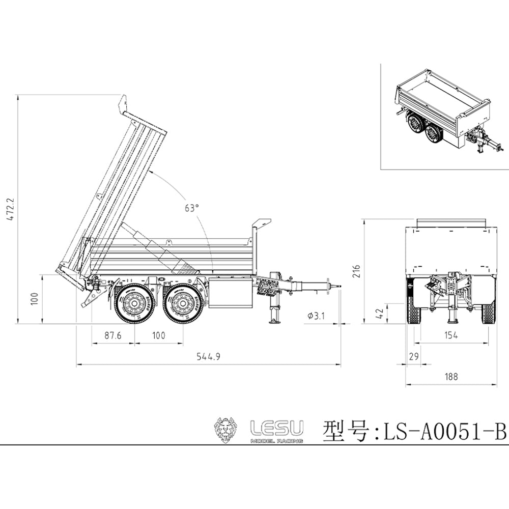 LESU 2-Axle Metal 1/14 RC Hydraulic Full Trailer Remote Control Dump Truck Model