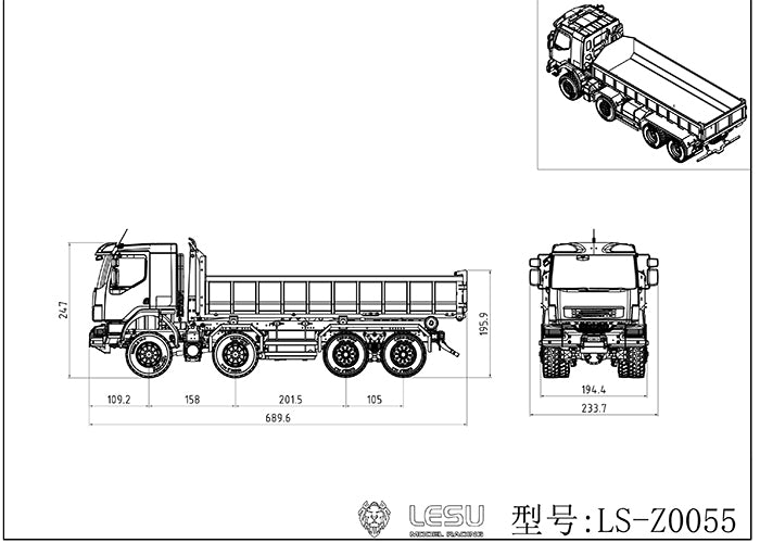 LESU 1/14 8x8 Roll On/Off Hydraulic RC Dumper Radio Controlled Tipper Truck Model