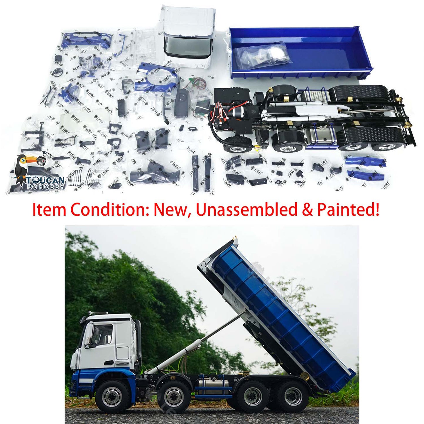 LESU 1/14 8x8 Truck Hydraulic Remote Controlled Dumper Roll On/Off Tipper Model with Sound Light System Motor Front Towing Hook