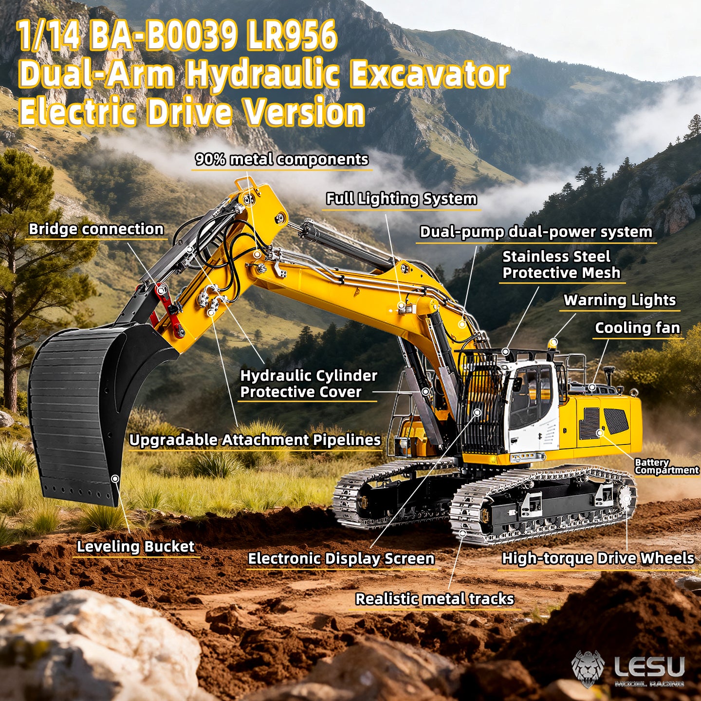 2 Arms 6CH LR956 95% Metal LESU 1/14 Remote Control Hydraulic Excavator RC Digger Construction Vehicle 4MPA Dual Pumps Light