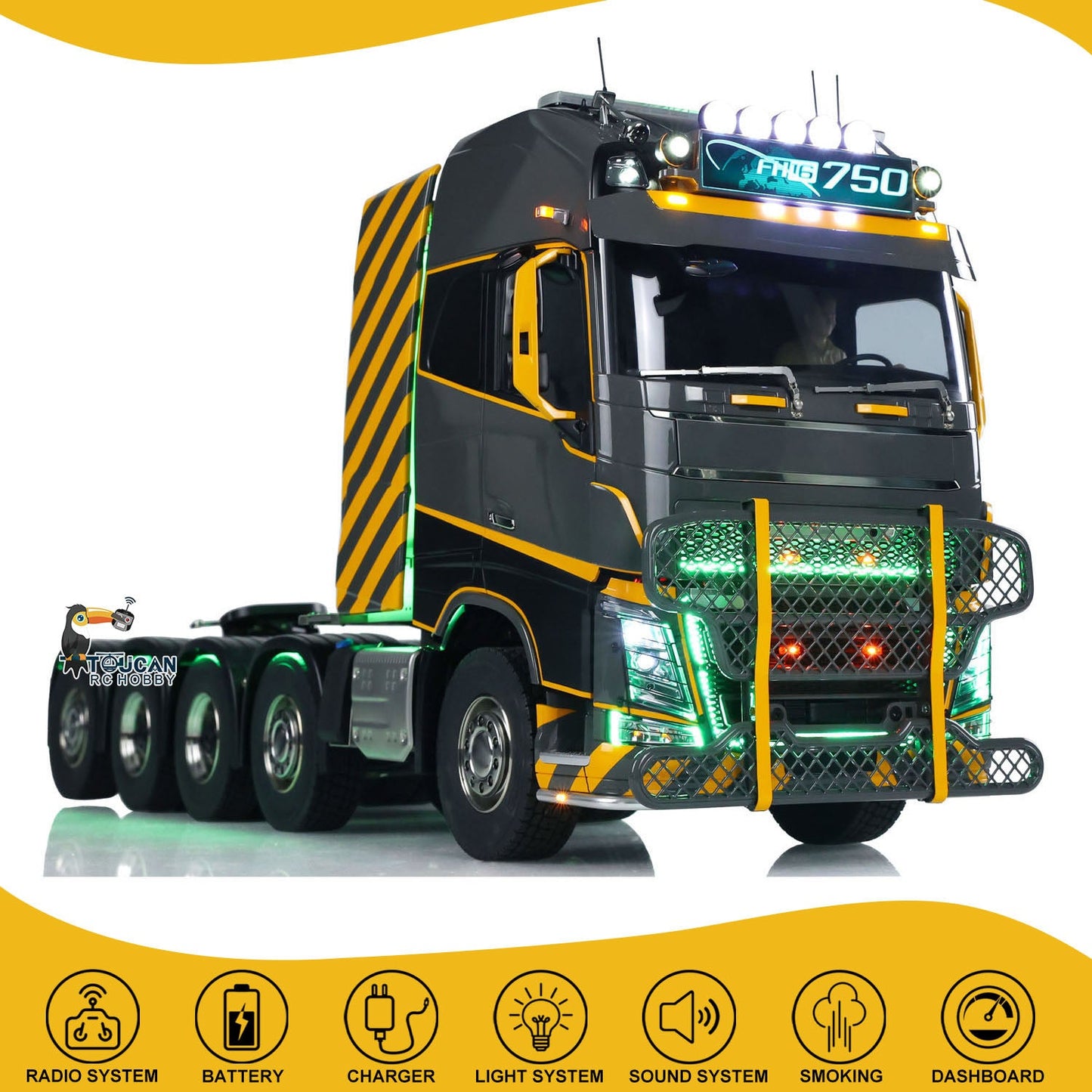 Unitru-02 FH750 RC Tractor Truck with Yellow Stripe Decoration, Fully Painted and Factory Assembled