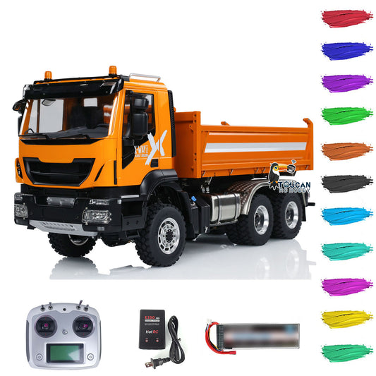LESU Metal 6x6 1/14 RC Hydraulic Dumper Car 3-way Radio Control Dump Truck Model with Light and Sound System 3-speed Transmission