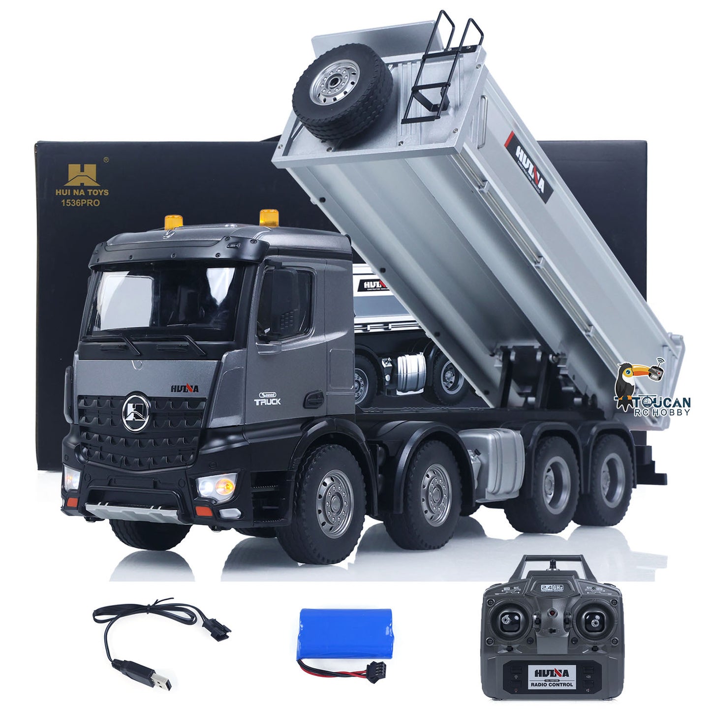 US STOCK HUINA 1/14 Remote Control Dump Truck 12CH RC Tipper Finished Model Toy Gift RTR Light Sound Effects Radio USB Charging Cable