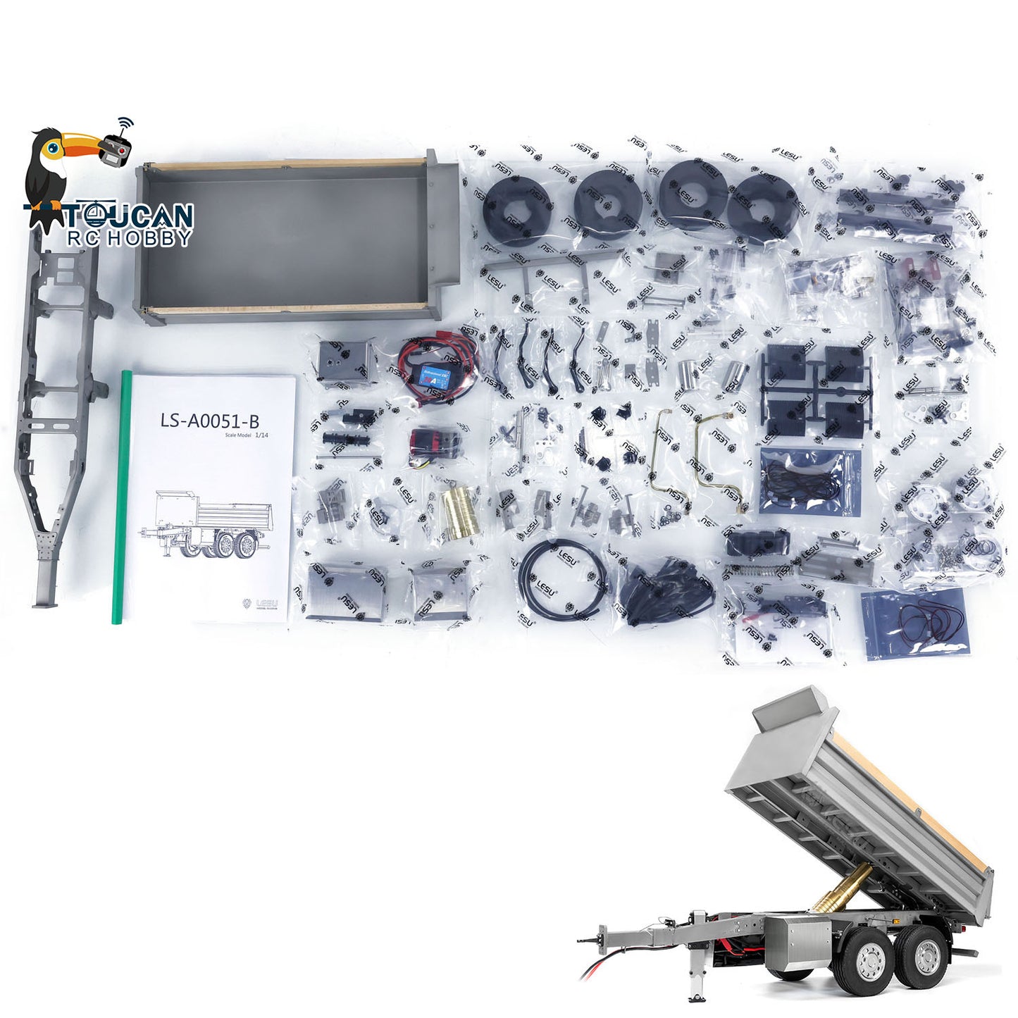 LESU 2-Axle Metal 1/14 RC Hydraulic Full Trailer Remote Control Self-dumping Truck Model DIY Car Optional Versions KIT