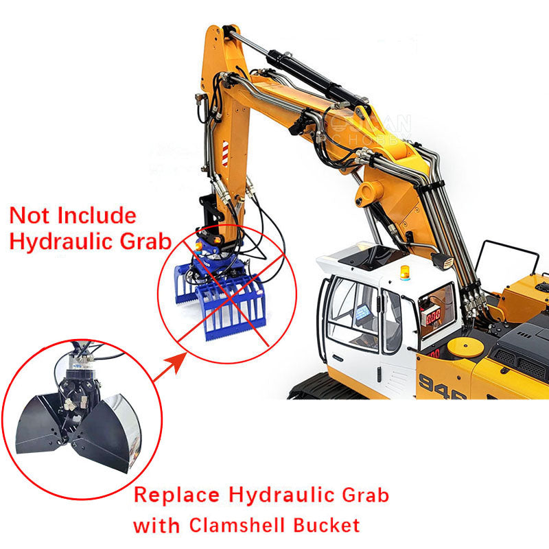 MTMODEL 1:14 946-3 Metal 3 Arms RC Hydraulic Excavator Remote Control Heavy Machine Digger Model Tiltable Clamshell Bucket