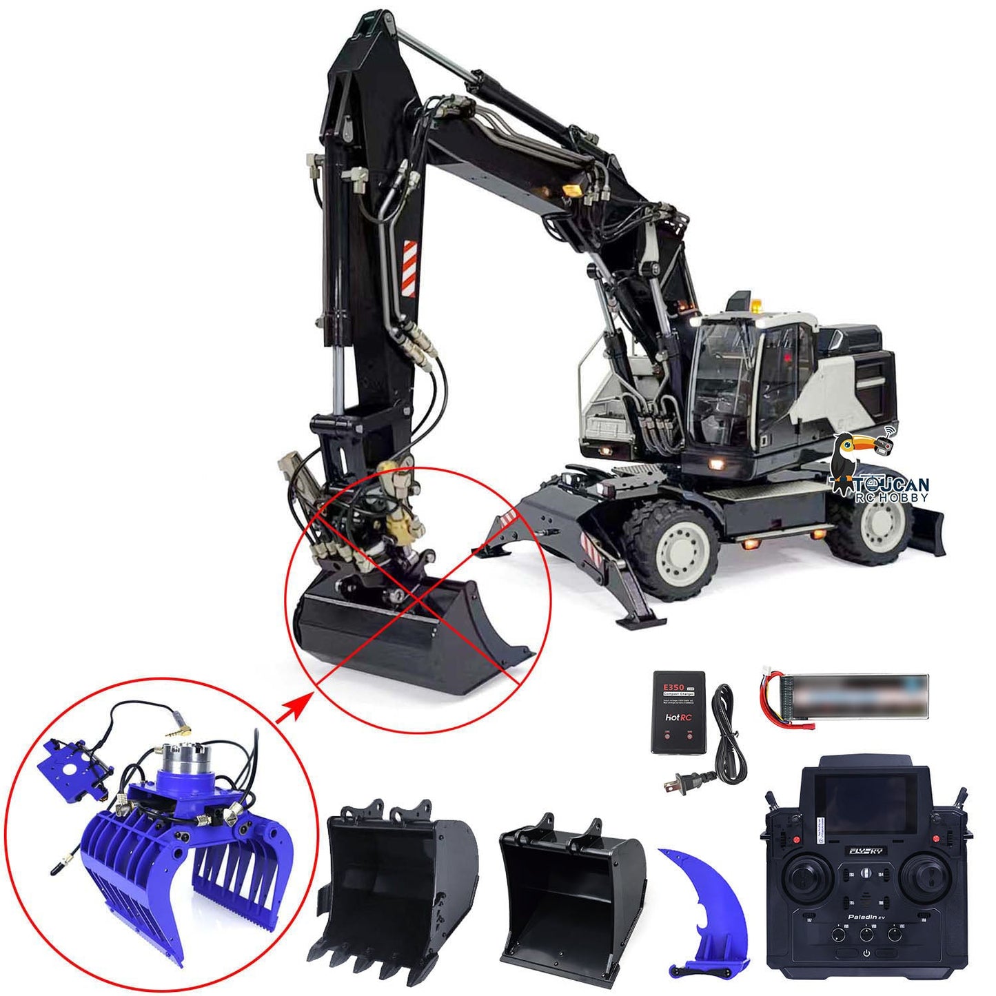 EC380 1/14 RC Hydraulic Excavator Wheeled Construction Vehicle 3-arm Remote Control Diggers Model Grab Tiltable Clamshell Bucket