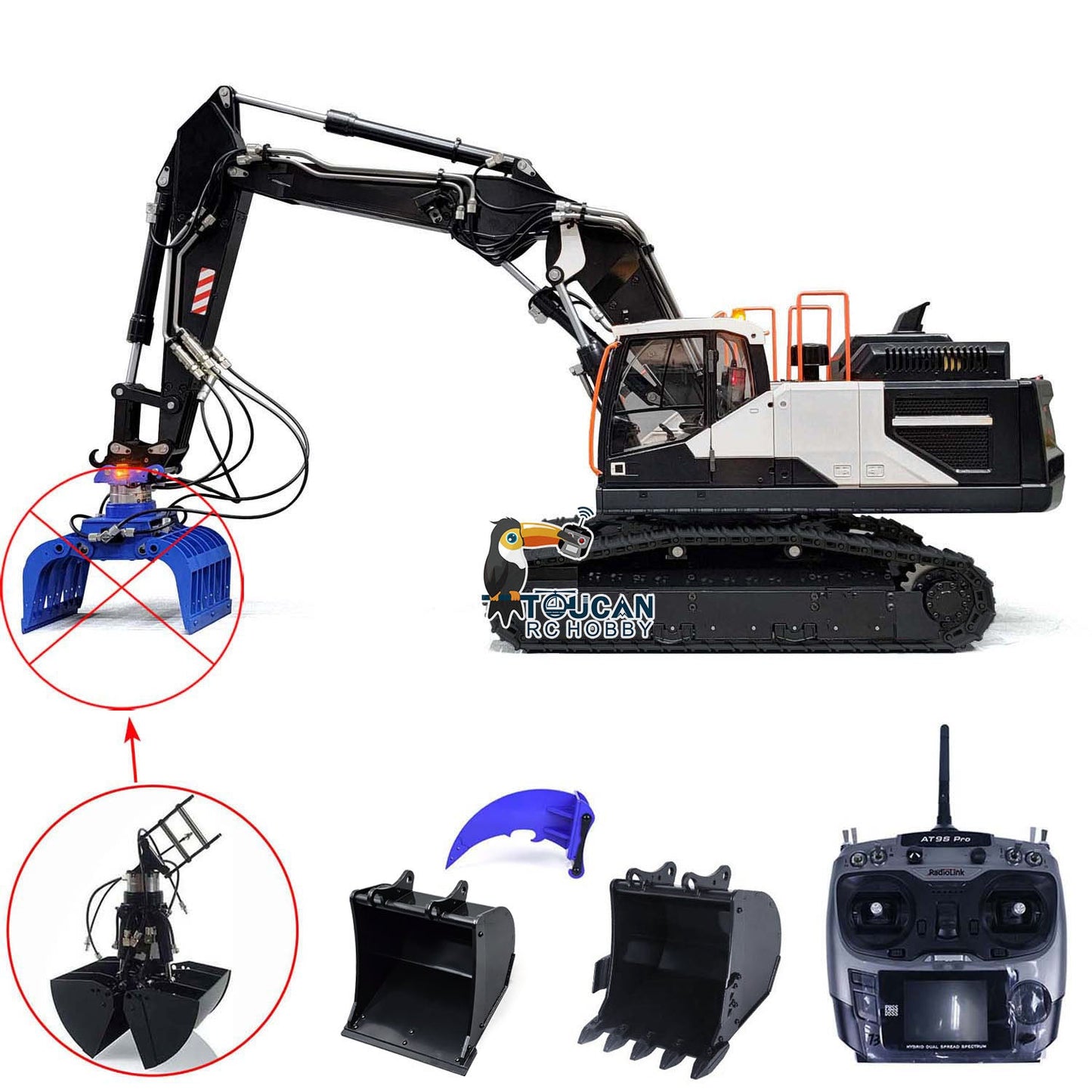 MTModel 1/14 EC380 3 Arms RC Hydraulic Excavator Metal Remote Control Tracked Digger Cars Clamshell Bucket Ripper Engineering Vehicles