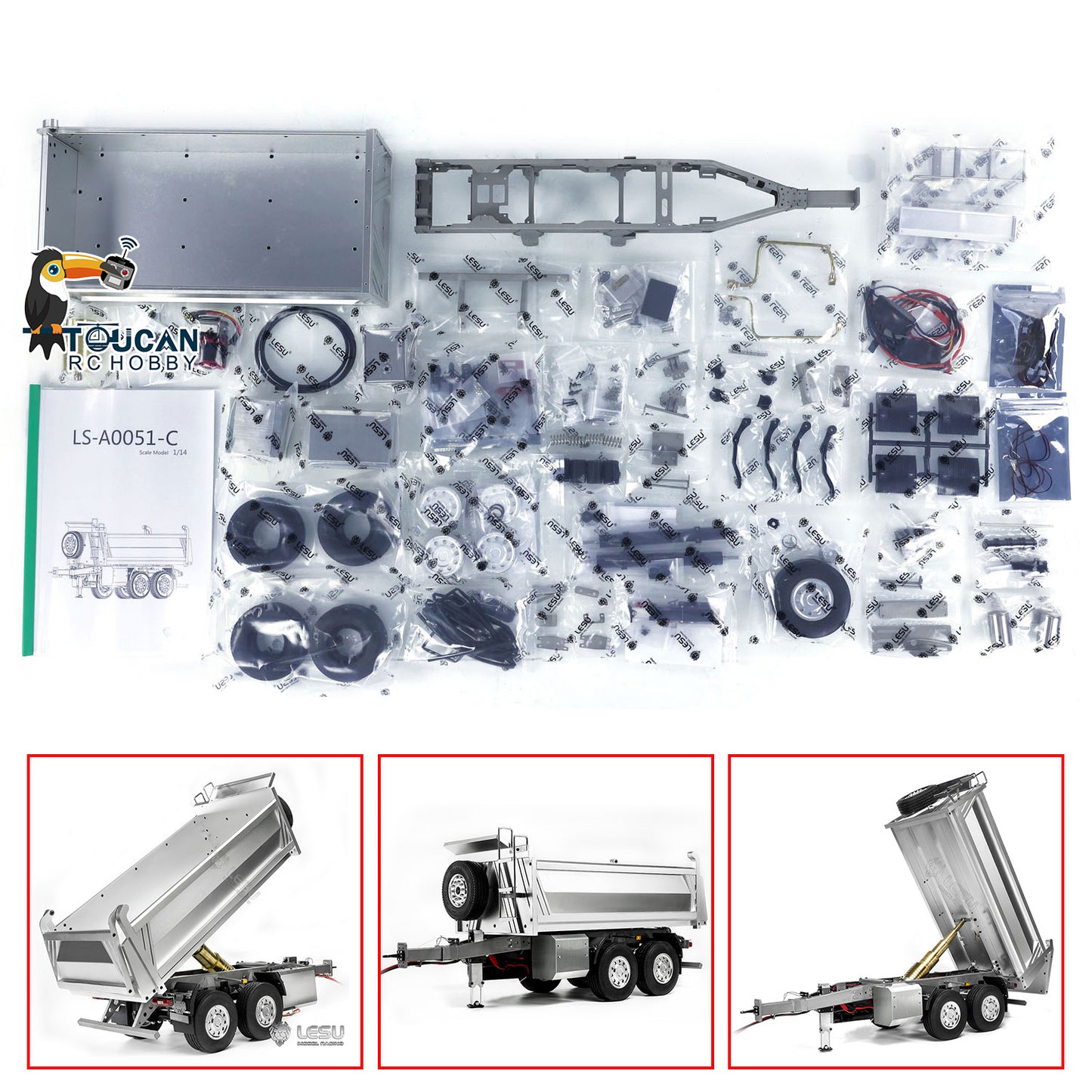 LESU 2-Axle Metal 1/14 RC Hydraulic Full Trailer Remote Control Self-dumping Truck Model DIY Car Optional Versions KIT