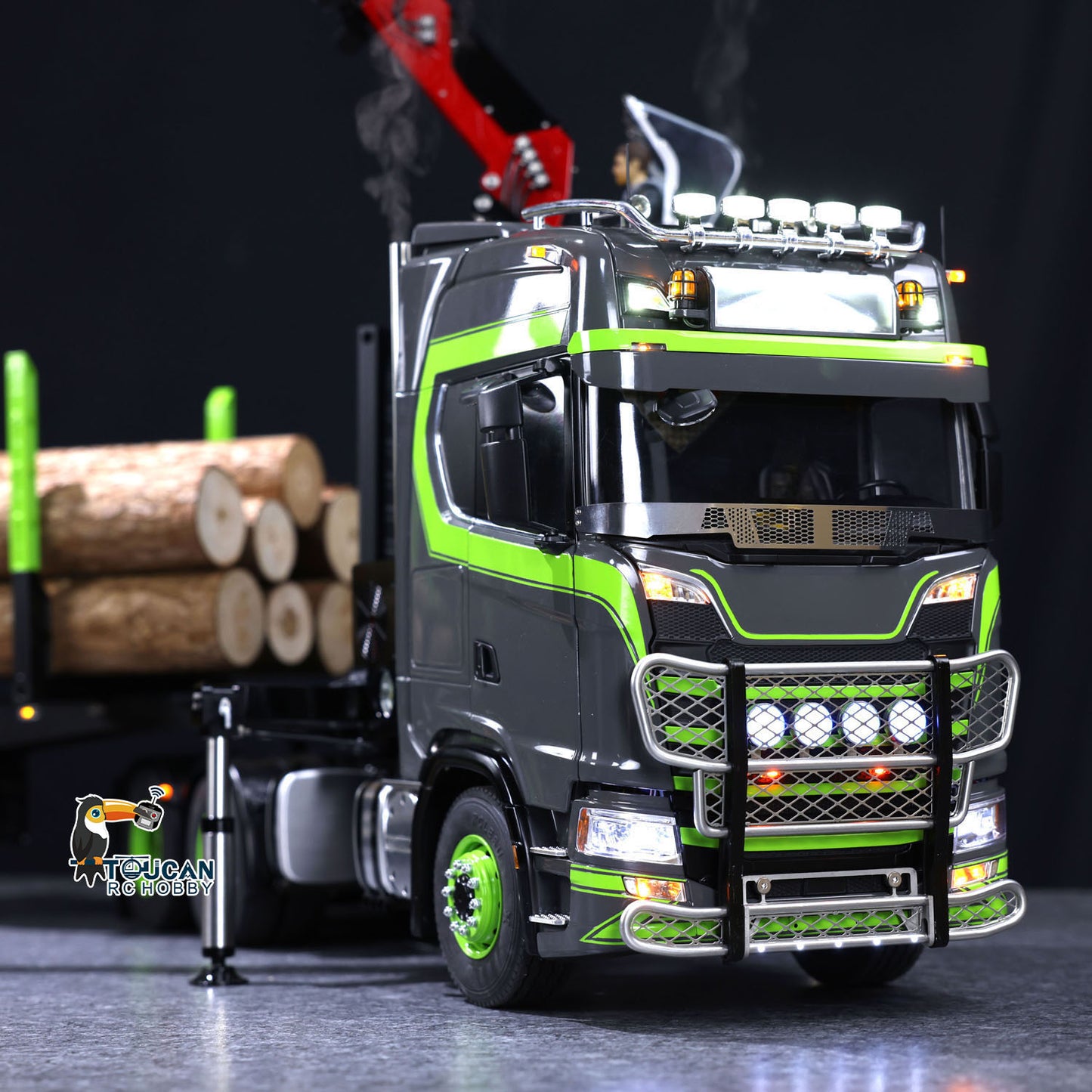 Toucan 1/14 6x6 RC Metal Tractor Truck 3-axle Hydraulic Crane Logging Trailer Light Sound Smoke System Customized Lorry Vehicle for Model Collector