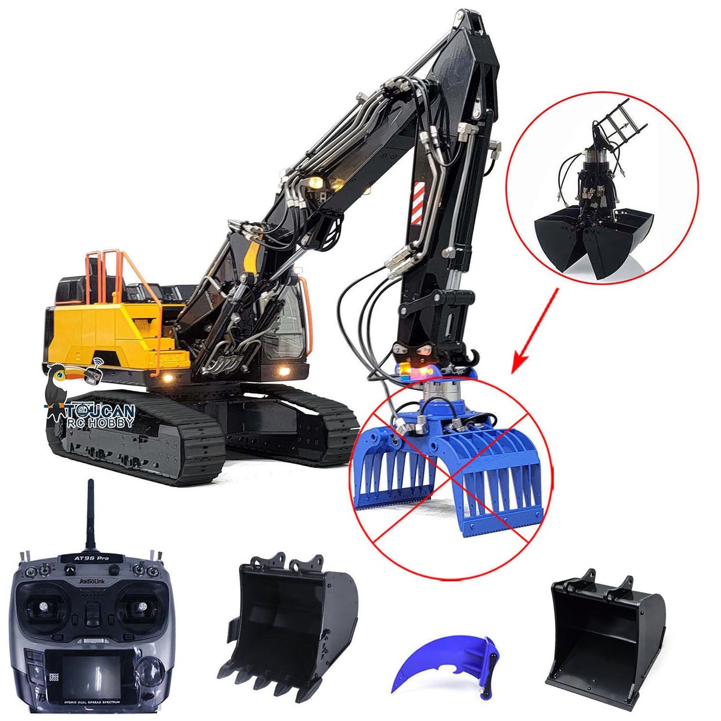 MTModel 1/14 EC380 3 Arms RC Hydraulic Excavator Metal Remote Control Tracked Digger Cars Clamshell Bucket Ripper Engineering Vehicles