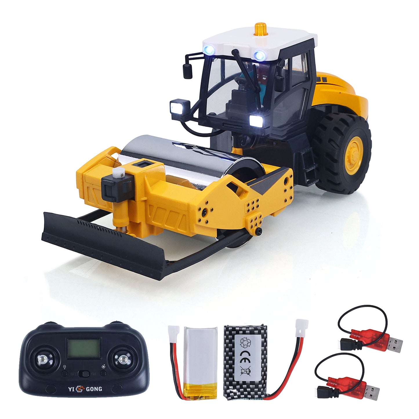 1/50 Mini Remote Control Road Roller RTR Electric RC Construction Vehicle Finished Model Metal Blade Lights Sounds Effect