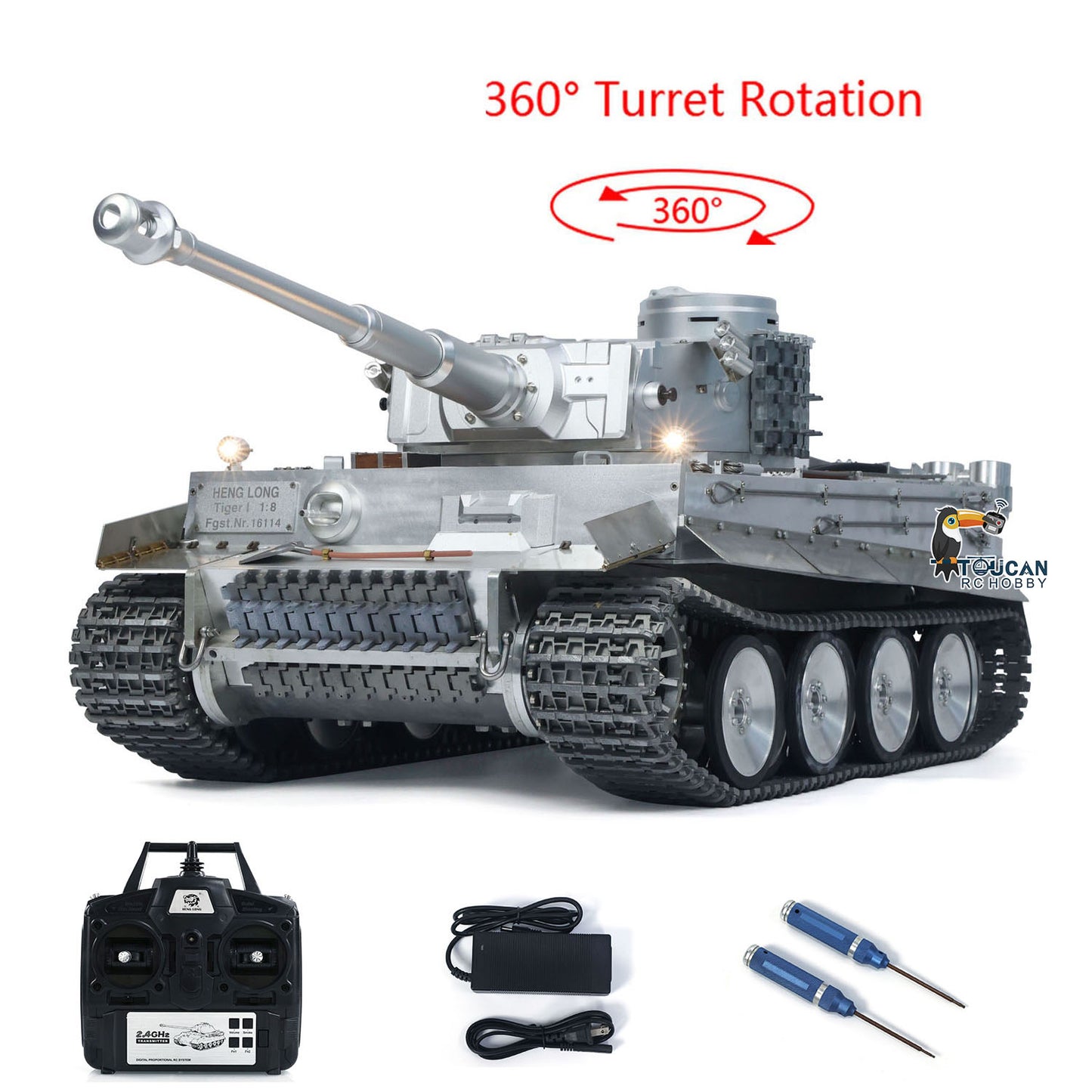 Henglong 1:8 Scale Full Metal RC Tank 3818 German Tiger I RTR Model Track Wheel Barrel Recoil 360 Turret Smoke Unit Transmitter