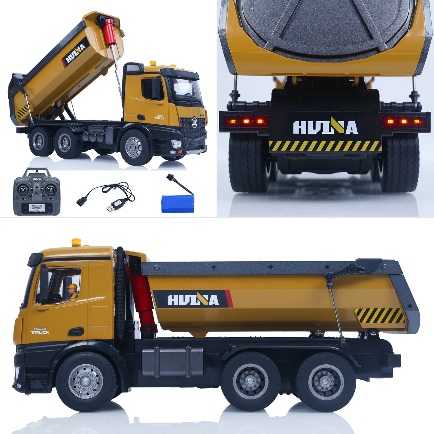 US STOCK HUINA 1/14 Electric RC Dump Truck 573 Remote Control Tipper Model Vehicle Flowing Water Light Sound Effect 2.4G Radio Battery