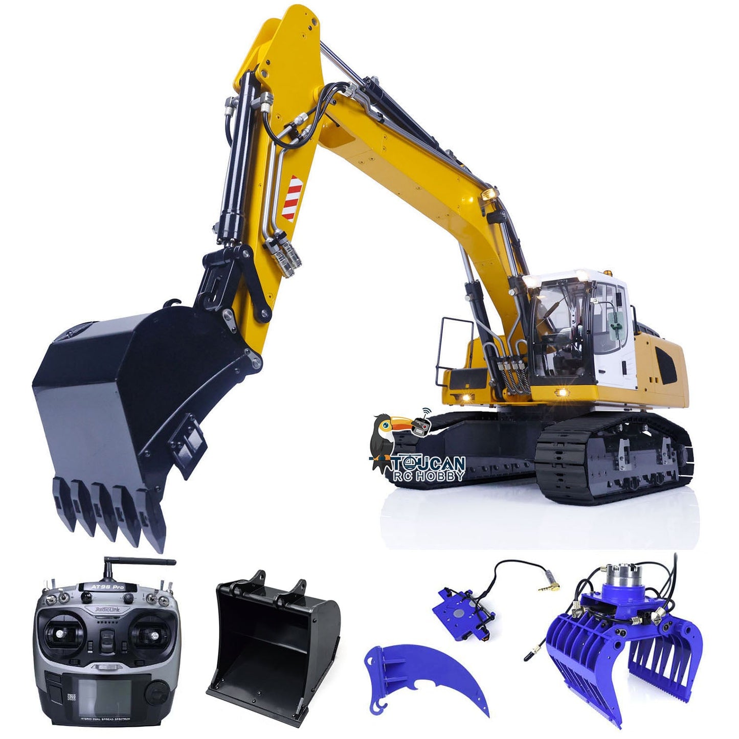 1/14 Scale 946 9CH Tracked RC Digger Remote Controlled Excavator Two-Section Arm Metal Grab Bucket Ripper Light Motor ESC Cylinders