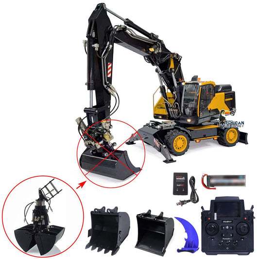 1:14 RC Hydraulic Digger Metal 3-Arm EC380 Wheeled Remote Controlled Excavators Grab Tiltable Clamshell Bucket Simulation Model