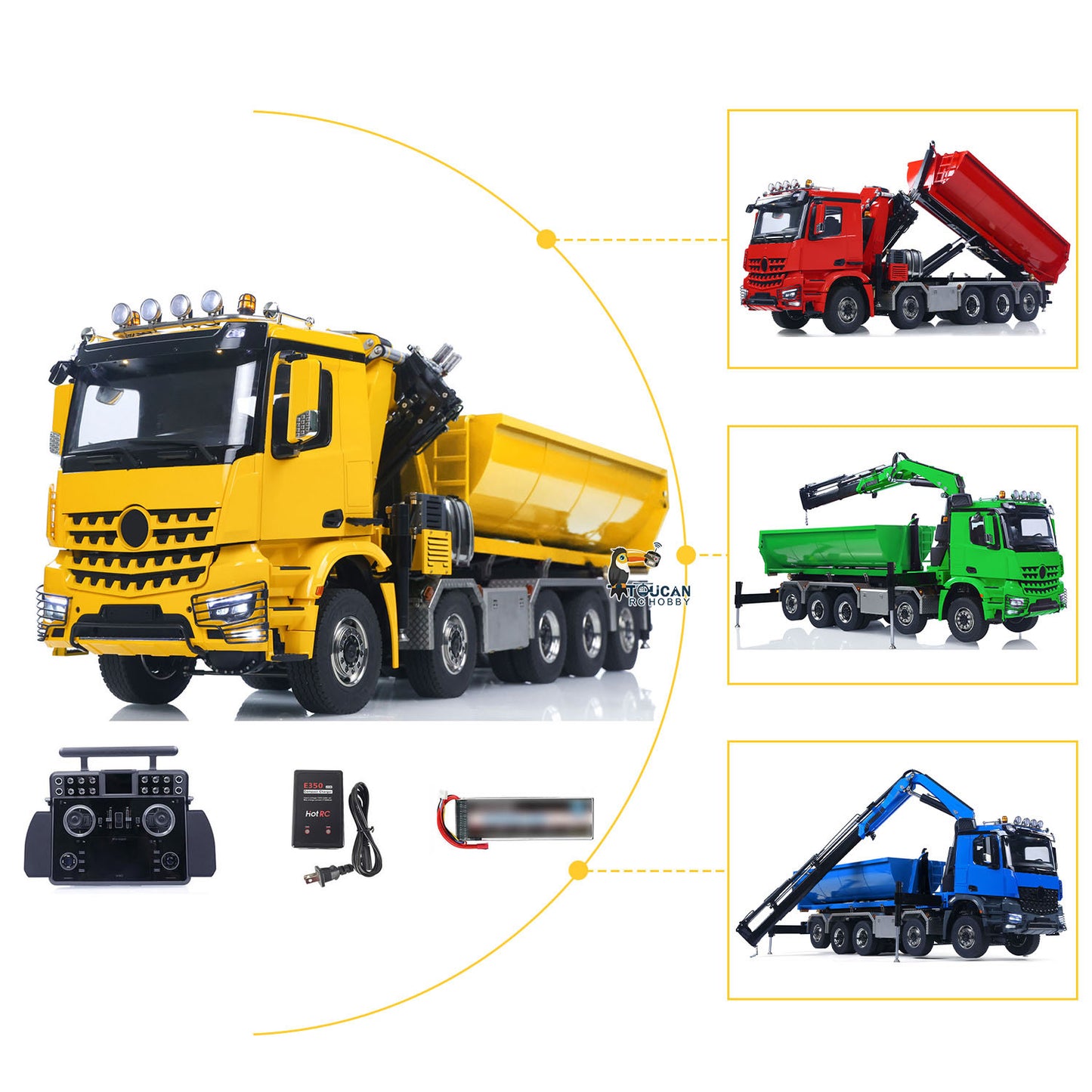 1/14 10x10 Remote Control Hydraulic Crane Dump Truck RC Full Dumper Rear Axle Lifting HobbyWing Brushed Motor 9CH Steel Valve