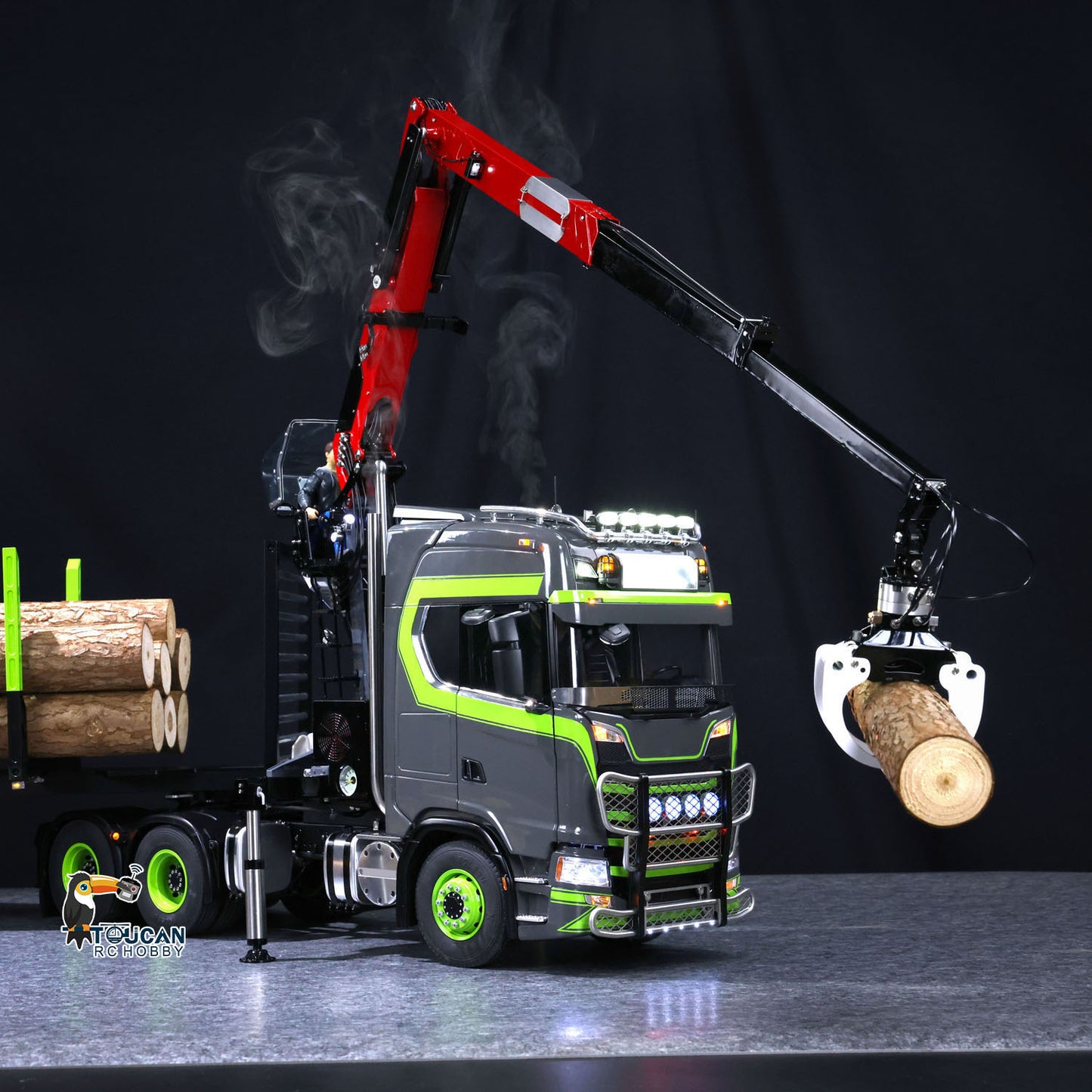 Toucan 1/14 6x6 RC Metal Tractor Truck 3-axle Hydraulic Crane Logging Trailer Light Sound Smoke System Customized Lorry Vehicle for Model Collector