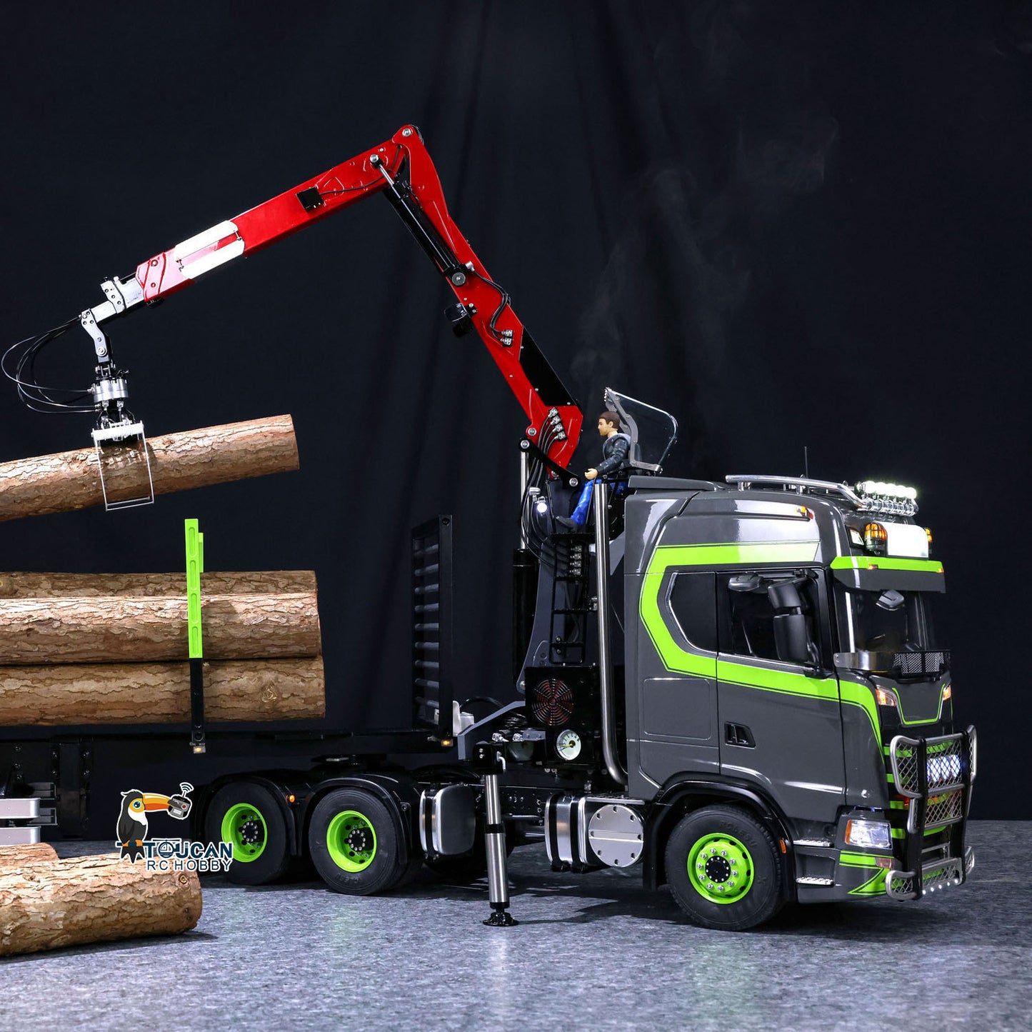 Toucan 1/14 6x6 RC Metal Tractor Truck 3-axle Hydraulic Crane Logging Trailer Light Sound Smoke System Customized Lorry Vehicle for Model Collector