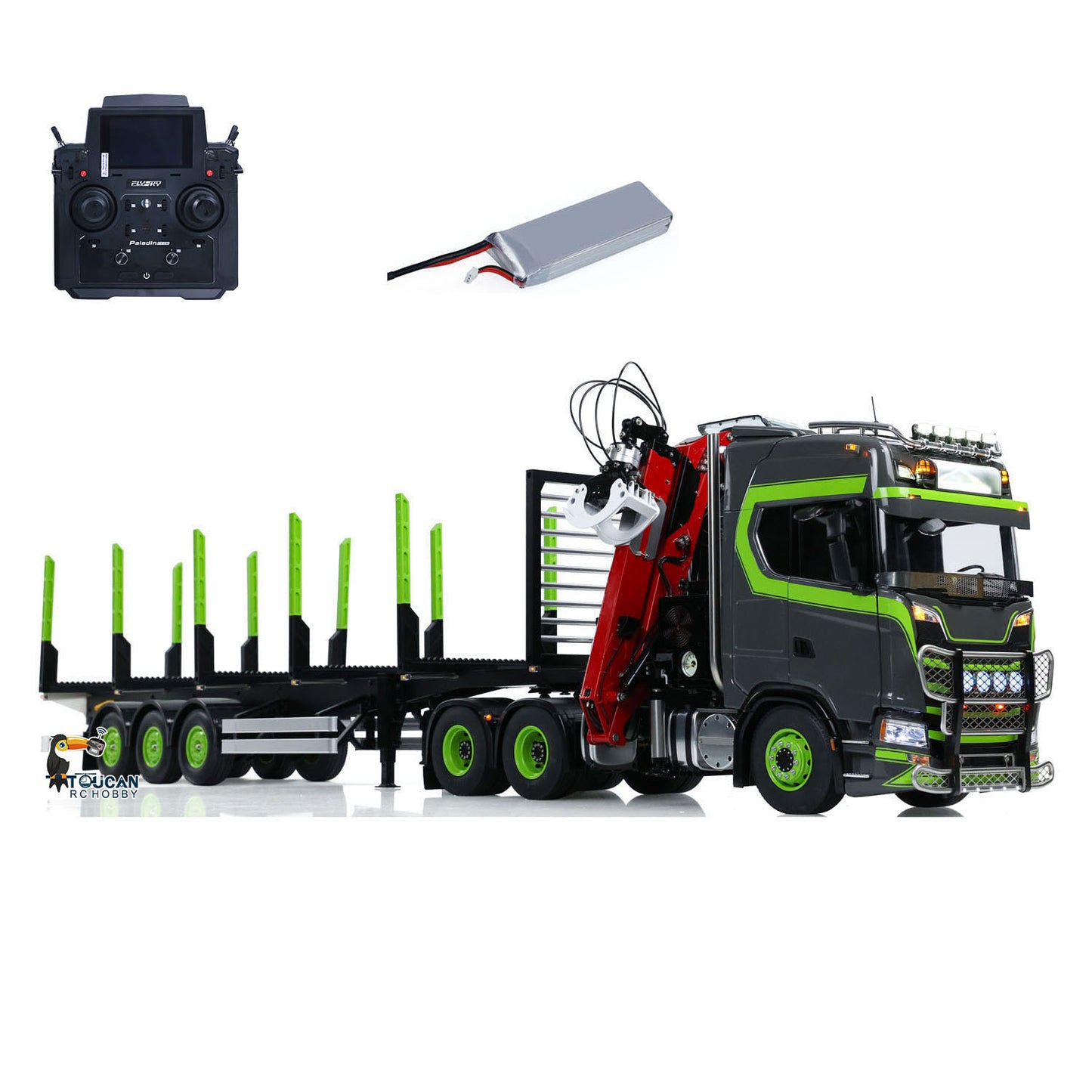 Toucan 1/14 6x6 RC Metal Tractor Truck 3-axle Hydraulic Crane Logging Trailer Light Sound Smoke System Customized Lorry Vehicle for Model Collector