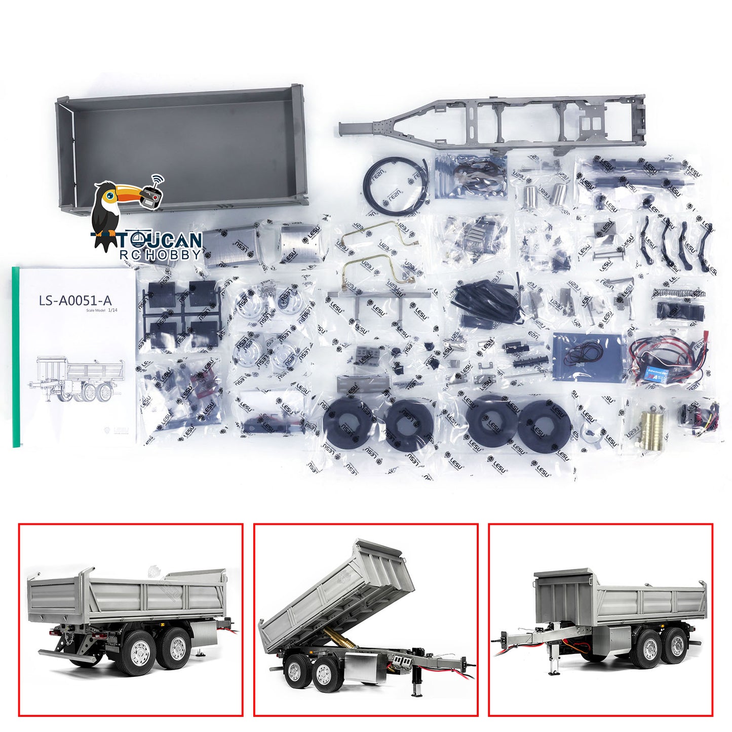 LESU 2-Axle Metal 1/14 RC Hydraulic Full Trailer Remote Control Self-dumping Truck Model DIY Car Optional Versions KIT