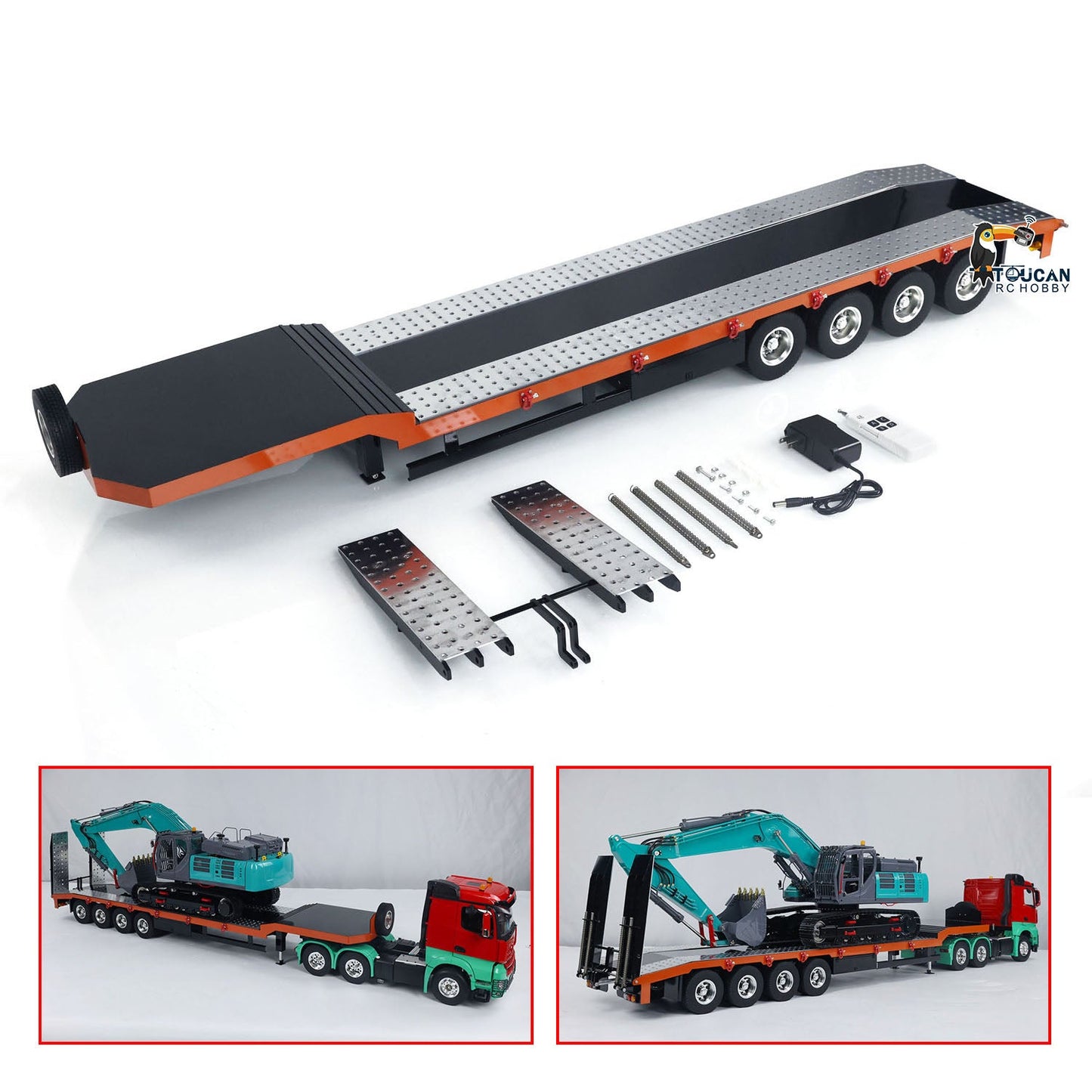 1:14 4-axle Metal Trailer for RC Tractor Car Trucks Electric Tailgate Legs DIY Model Battery Painted Assembled