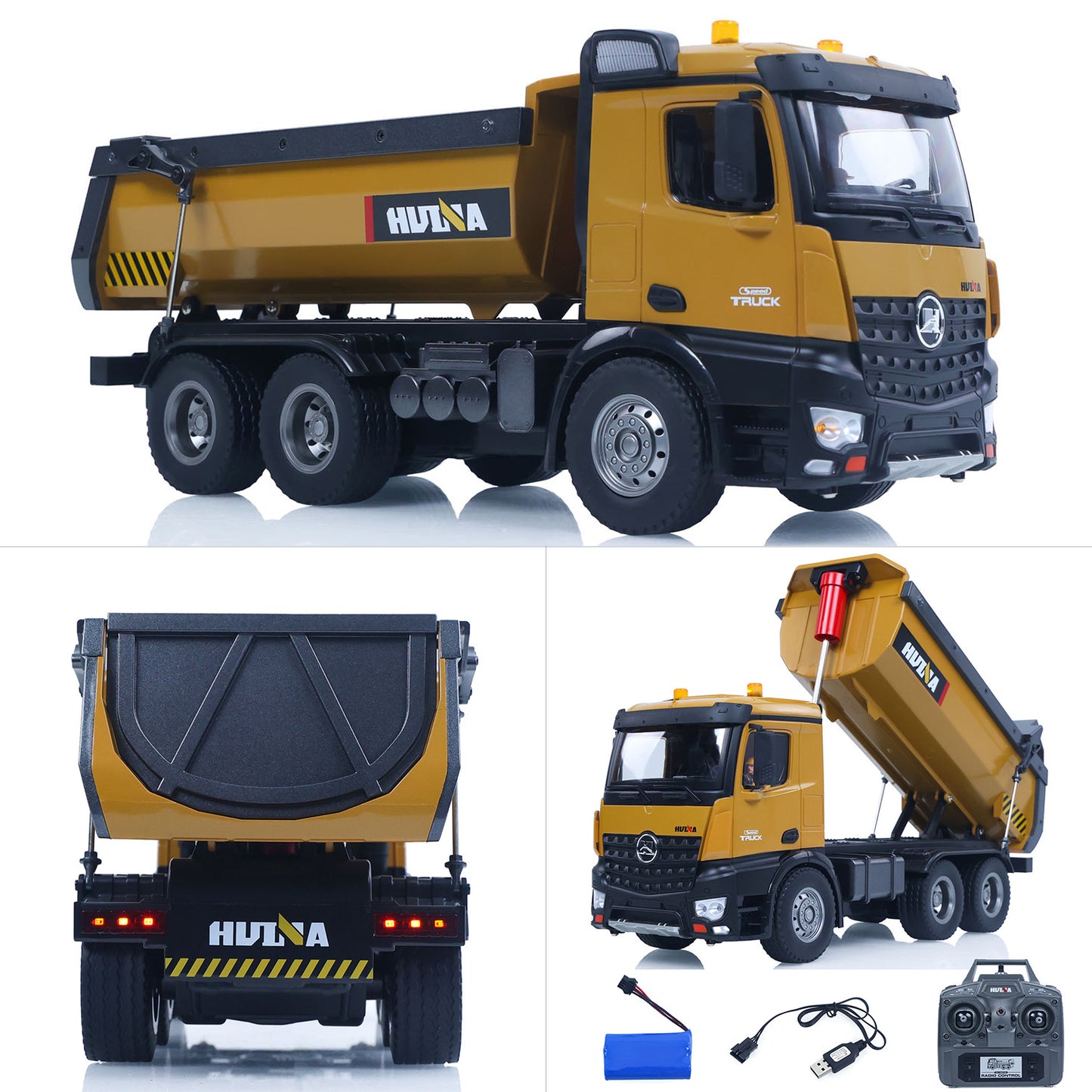 US STOCK HUINA 1/14 Electric RC Dump Truck 573 Remote Control Tipper Model Vehicle Flowing Water Light Sound Effect 2.4G Radio Battery