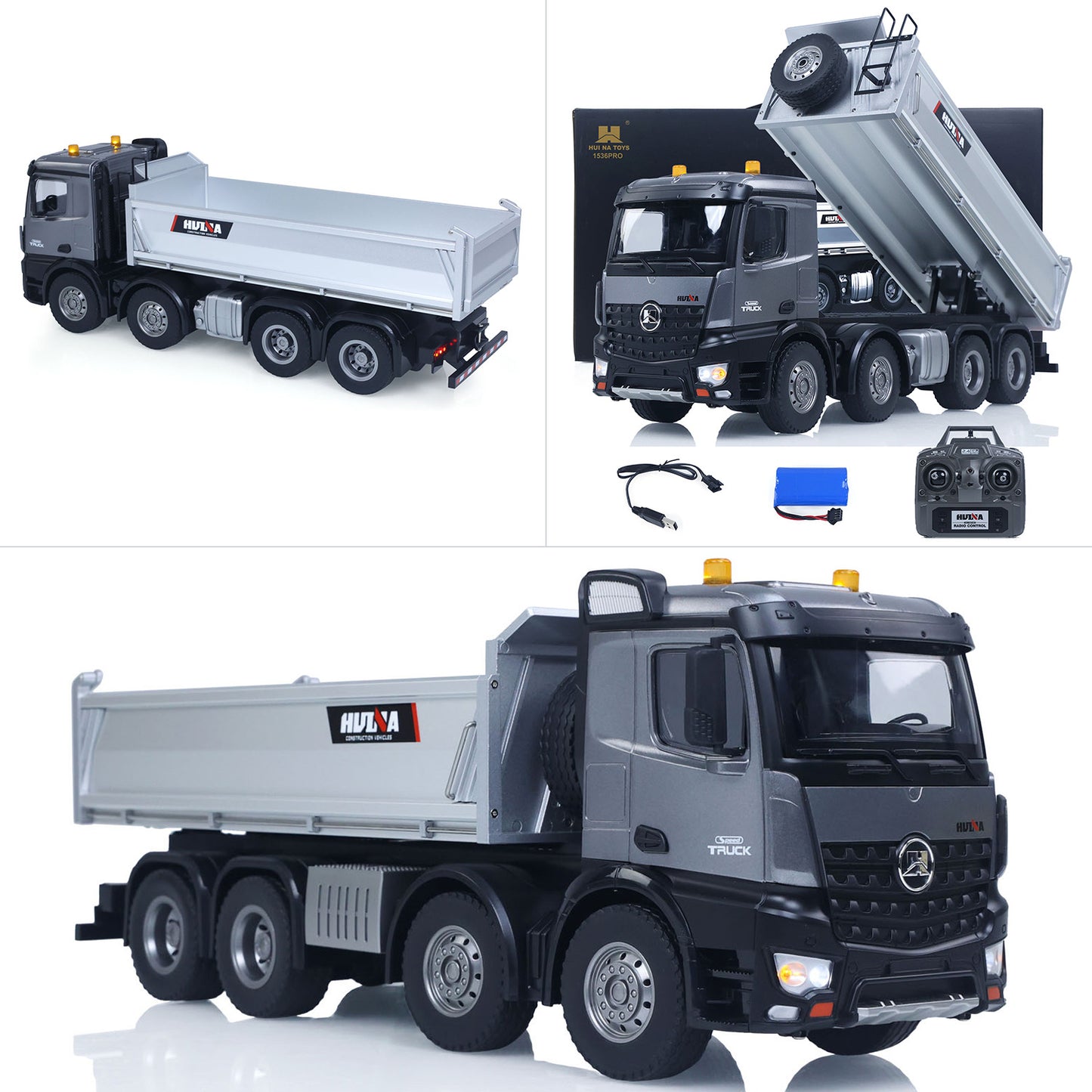 Fast Shipping HUINA 1/14 Remote Control Dump Truck 12CH RC Tipper Finished Model Toy Gift RTR Light Sound Effects Radio USB Charging Cable