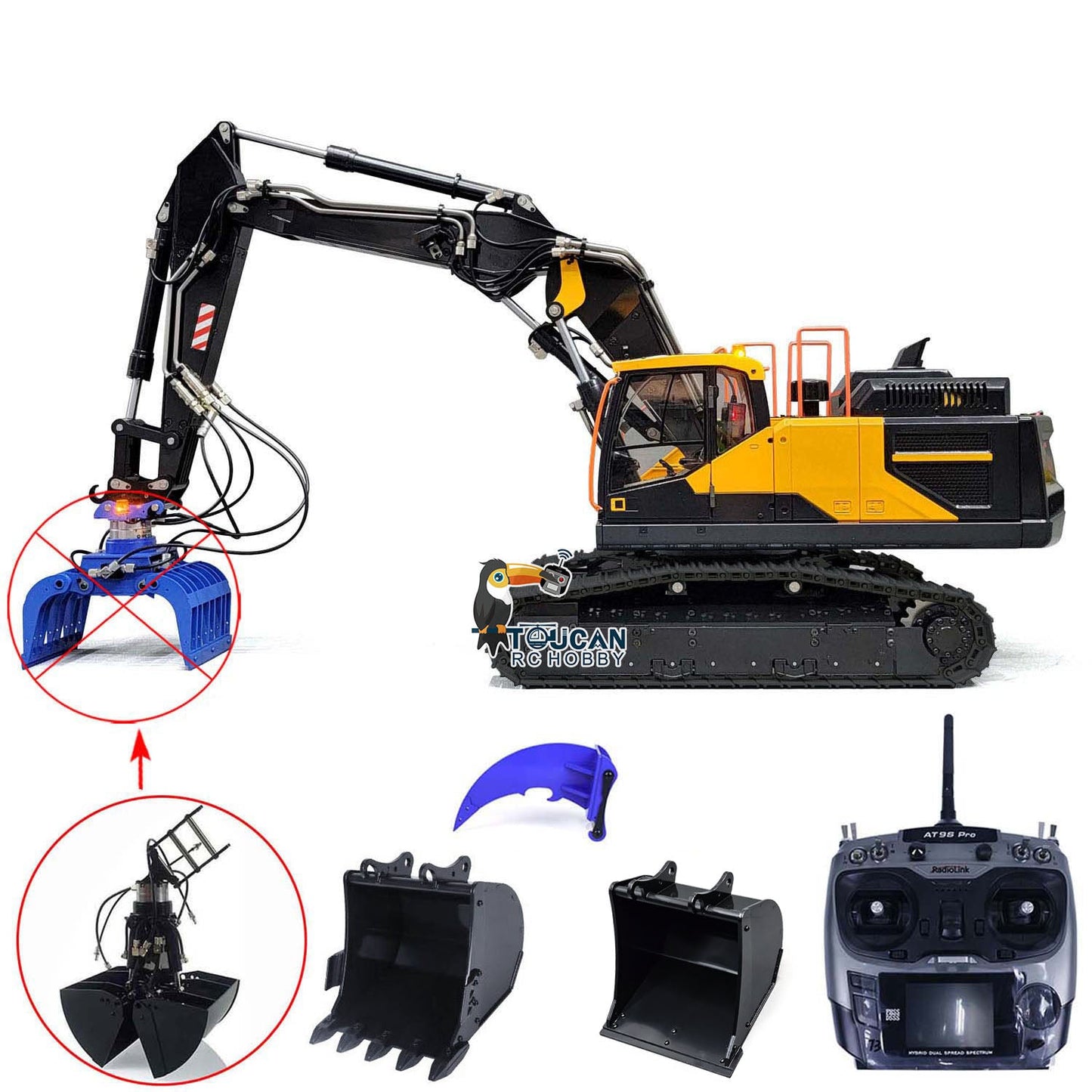 MTModel 1/14 EC380 3 Arms RC Hydraulic Excavator Metal Remote Control Tracked Digger Cars Clamshell Bucket Ripper Engineering Vehicles