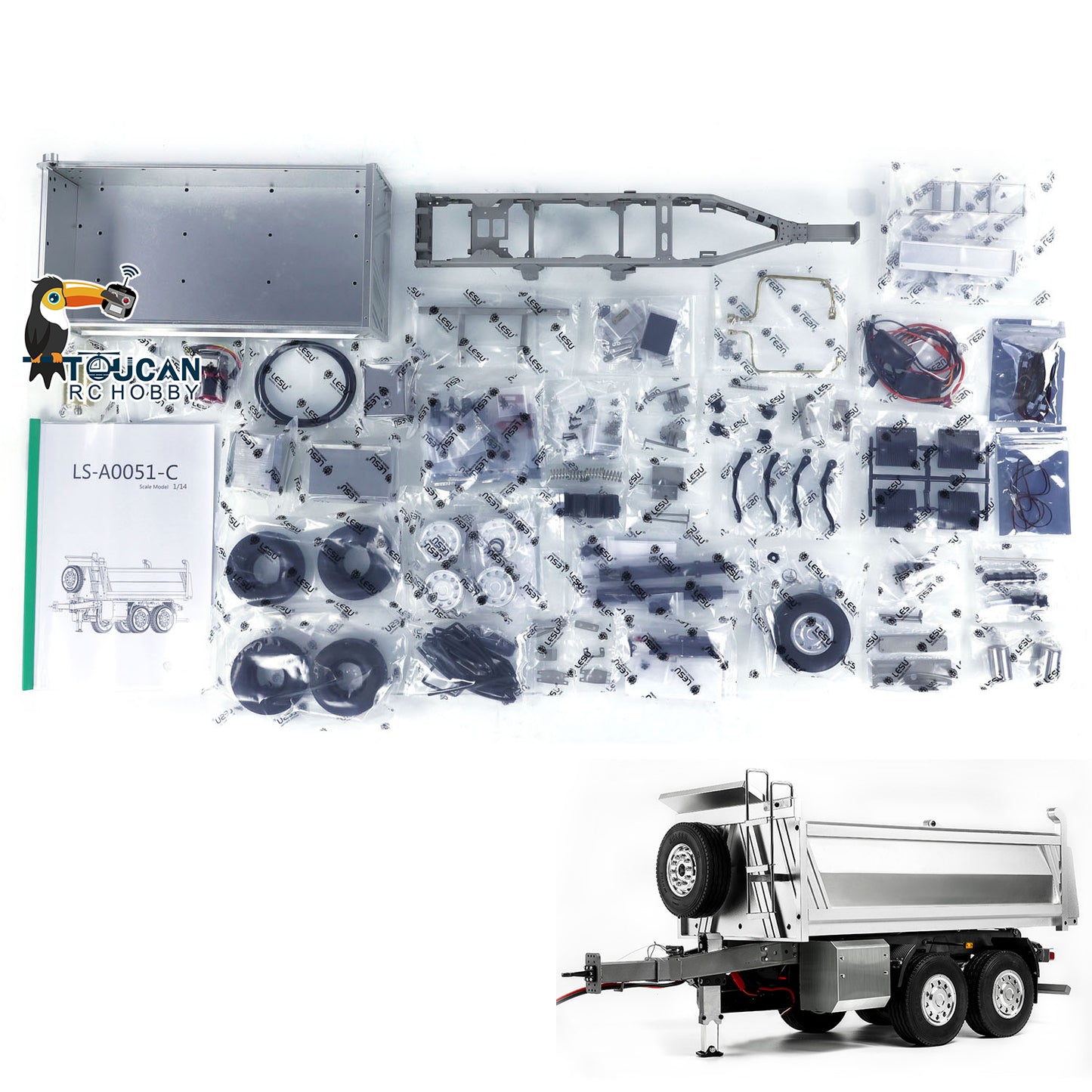 LESU 2-Axle Metal 1/14 RC Hydraulic Full Trailer Remote Control Self-dumping Truck Model DIY Car Optional Versions KIT