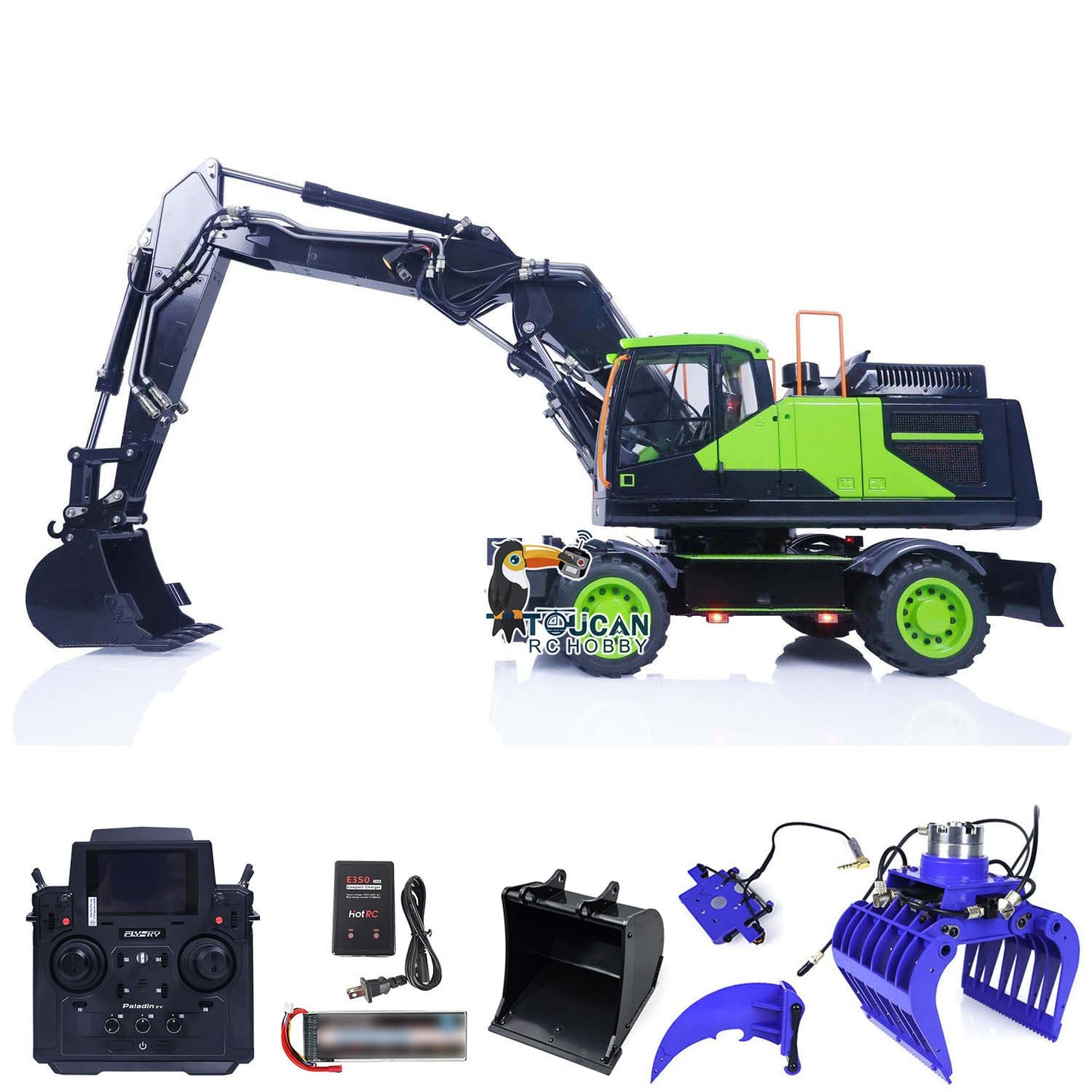 1/14 Metal EC380 MTModel RC Excavator Hydraulic Wheeled Radio Control Engineering Vehicle Grab Tiltable Clamshell Bucket