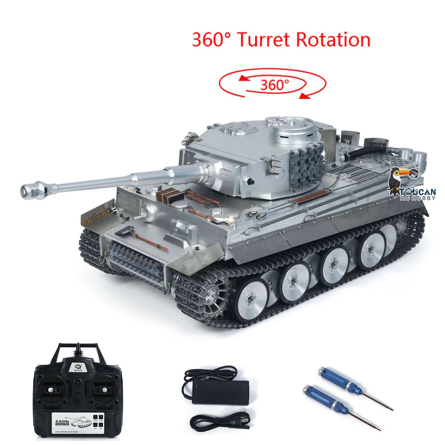 Henglong 1:8 Scale Full Metal RC Tank 3818 German Tiger I RTR Model Track Wheel Barrel Recoil 360 Turret Smoke Unit Transmitter