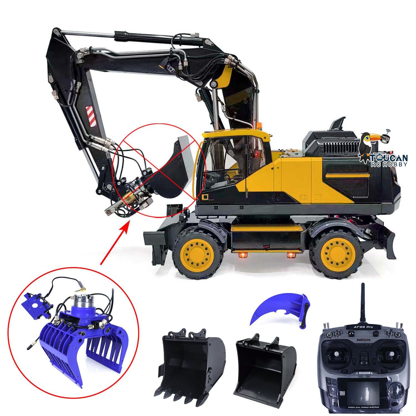 Metal 1:14 RC Hydraulic Digger 3-Arms EC380 Wheeled Remote Control Excavators Simulated Sound System AT9S RC Controller