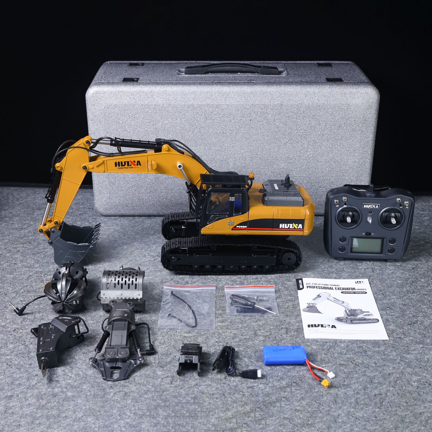 Fast Shipping HUINA New Upgrade 580 1/14 Metal Excavator Model Engineering Vehicle Electric Ball Grabber 360 Rotating Shear Claw Sound Lights