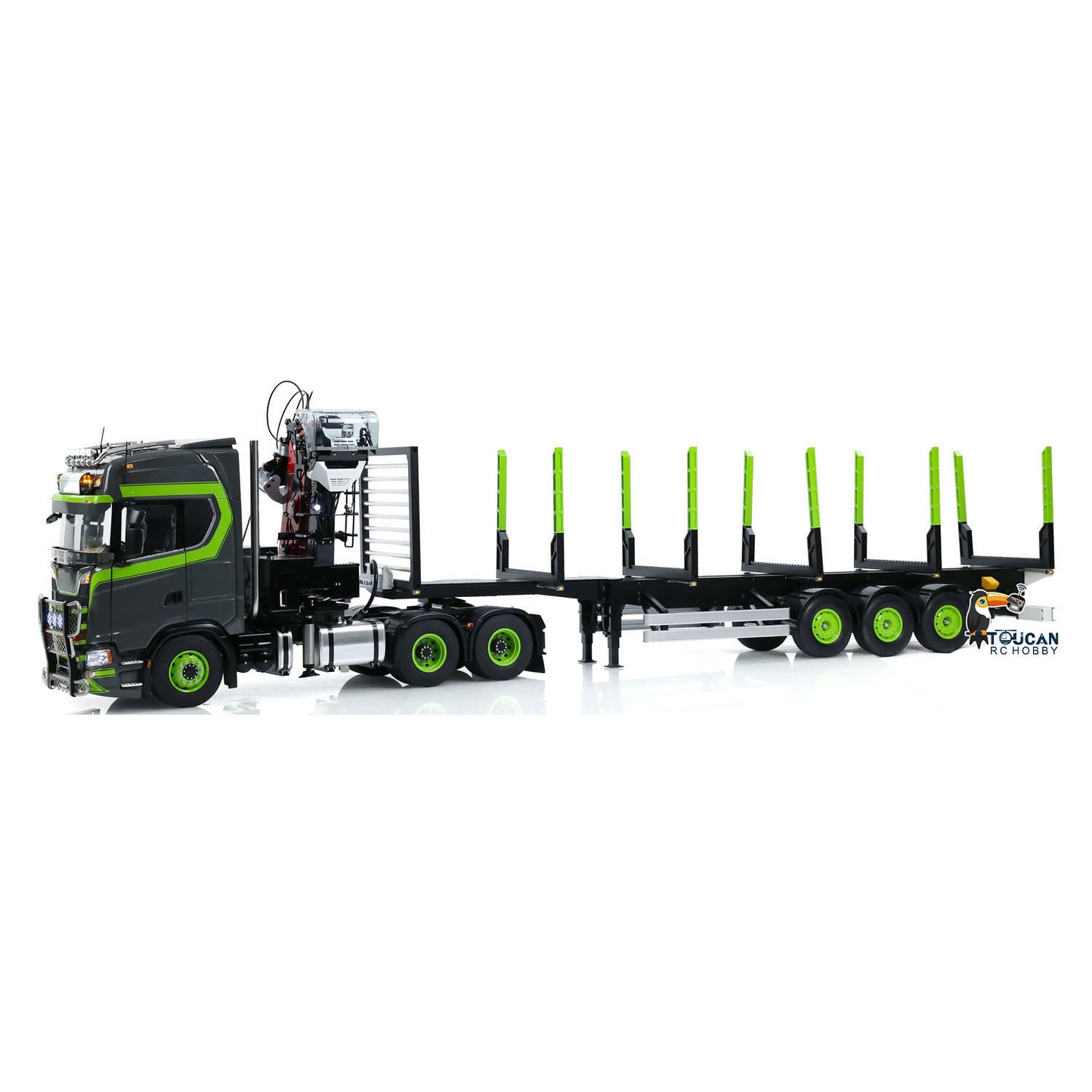 Toucan 1/14 6x6 RC Metal Tractor Truck 3-axle Hydraulic Crane Logging Trailer Light Sound Smoke System Customized Lorry Vehicle for Model Collector