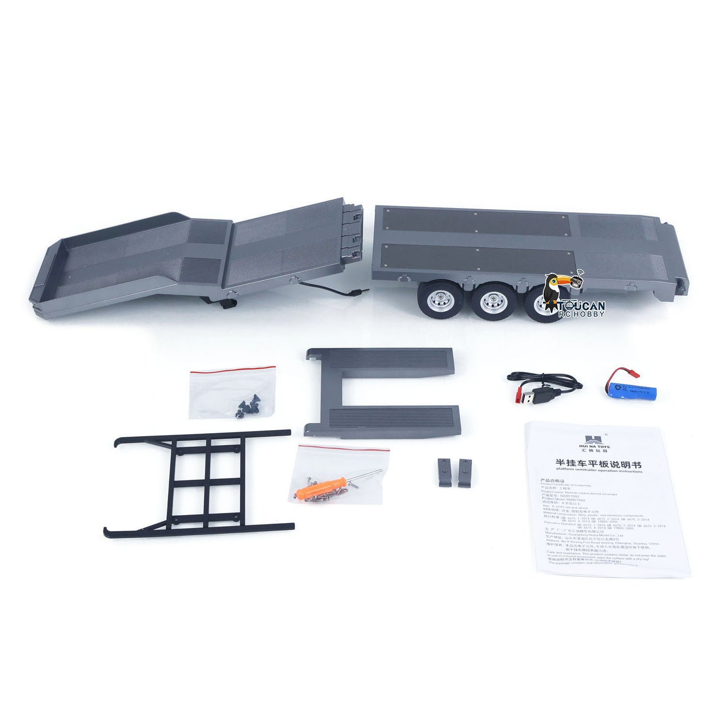 Fast Shipping 73.5CM Plastic Semi Trailer Flatbed 1502 for 1/18 Remote Control Tractor Truck HUINA 1501 Electronic Support Legs Tail Board