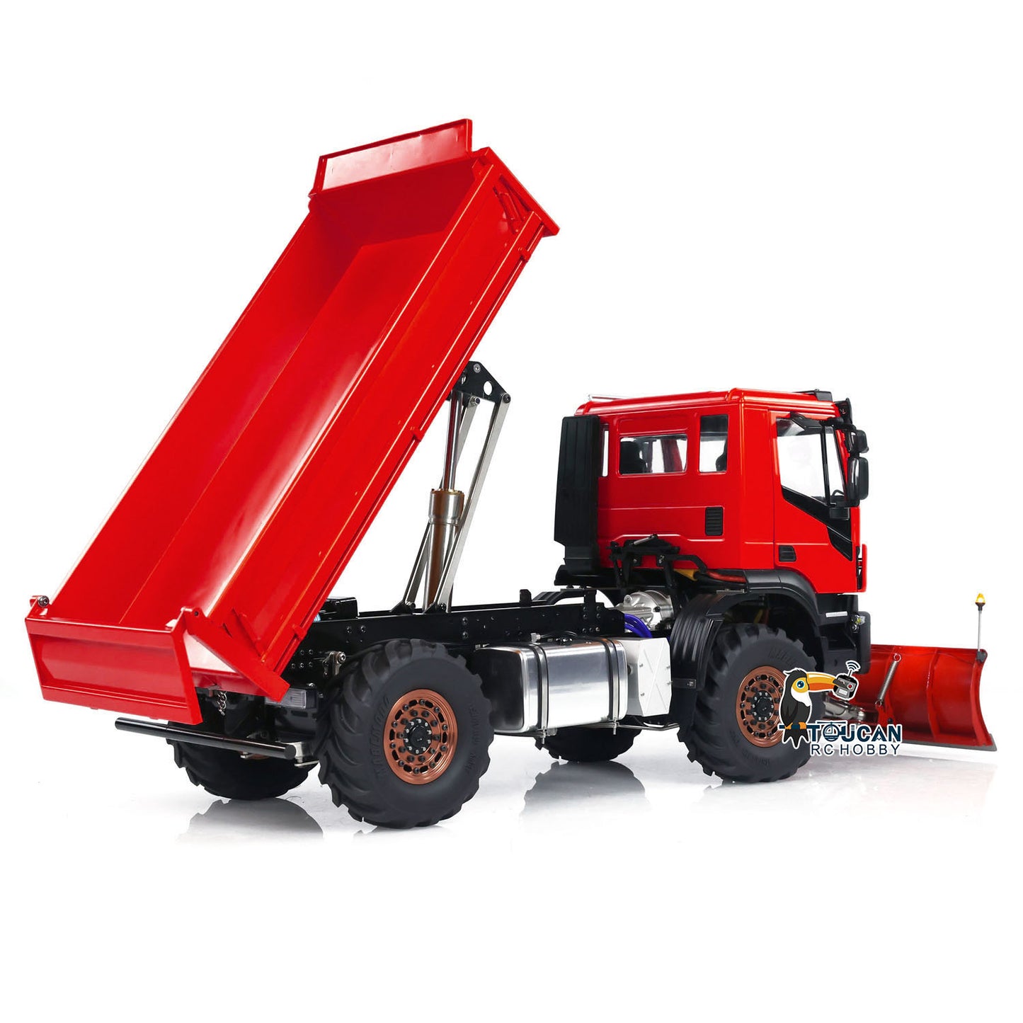 Metal 4*4 1/14 RC Hydraulic Dumper Trucks with Snow Shovel Remote Control Tipper Cars LED Light Sound FlySky ST8 Radio System