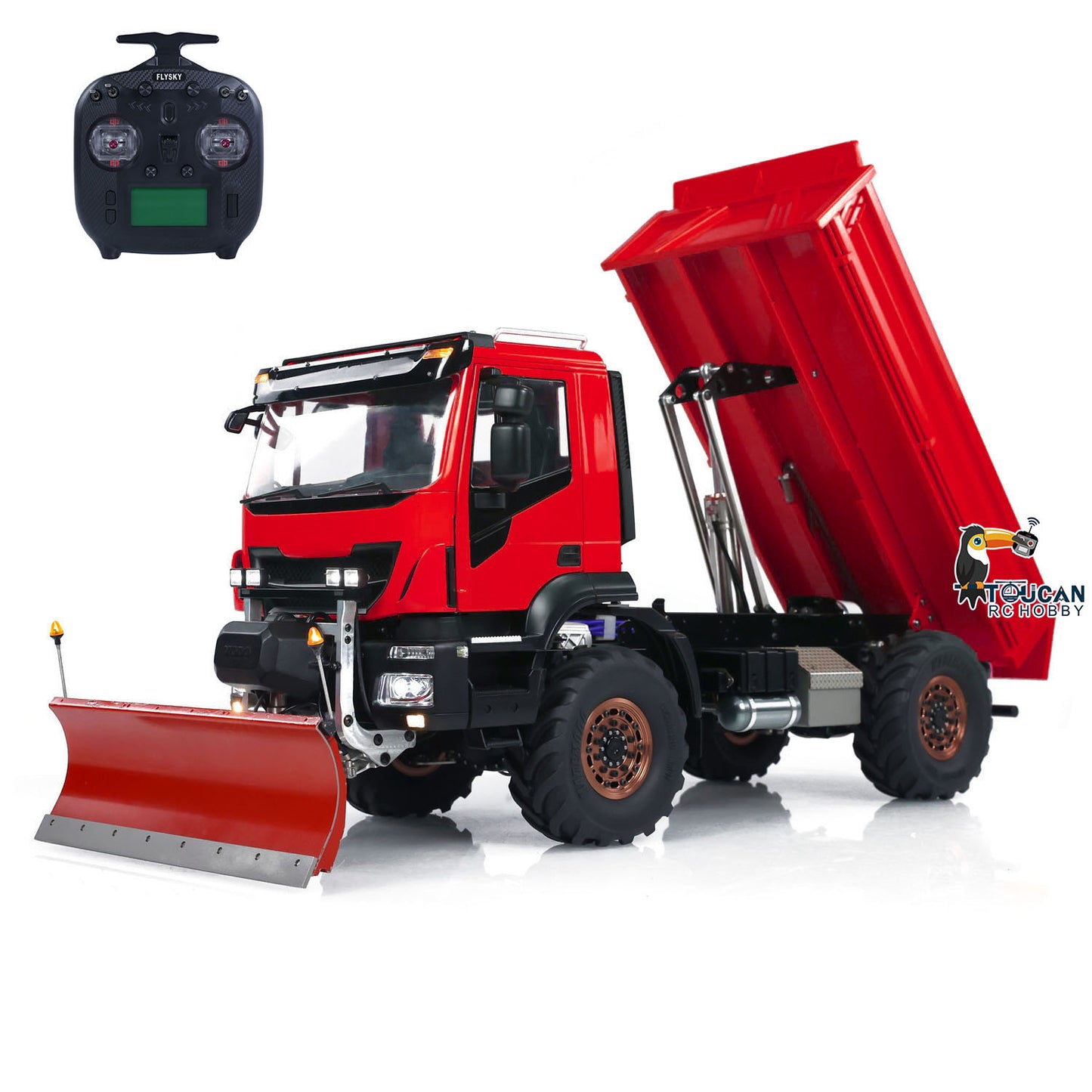 Metal 4*4 1/14 RC Hydraulic Dumper Trucks with Snow Shovel Remote Control Tipper Cars LED Light Sound FlySky ST8 Radio System