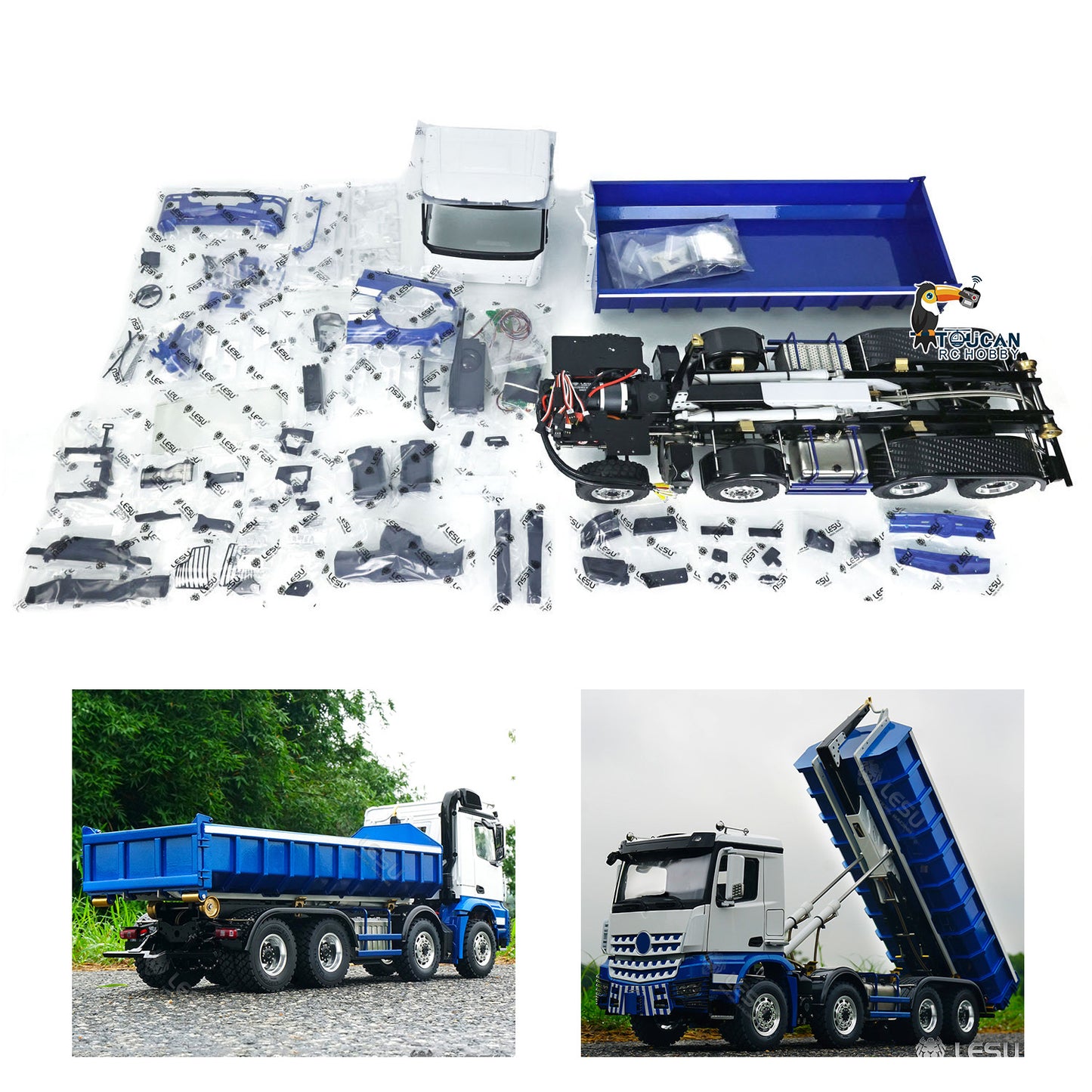 In Stock LESU 1/14 Scale 8x8 Truck Hydraulic Remote Controlled Dumper Roll On/Off Tipper Model Sound Light System Motor Front Towing Hook