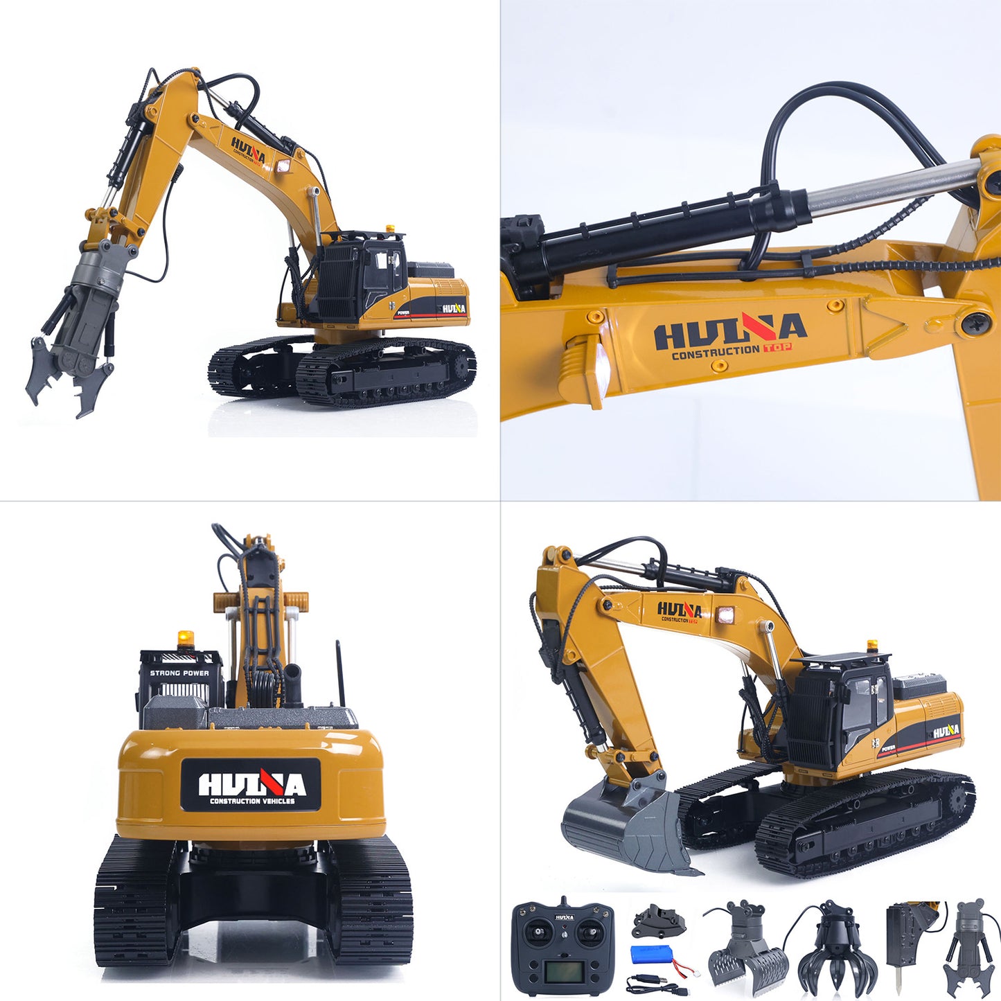 Fast Shipping HUINA New Upgrade 580 1/14 Metal Excavator Model Engineering Vehicle Electric Ball Grabber 360 Rotating Shear Claw Sound Lights