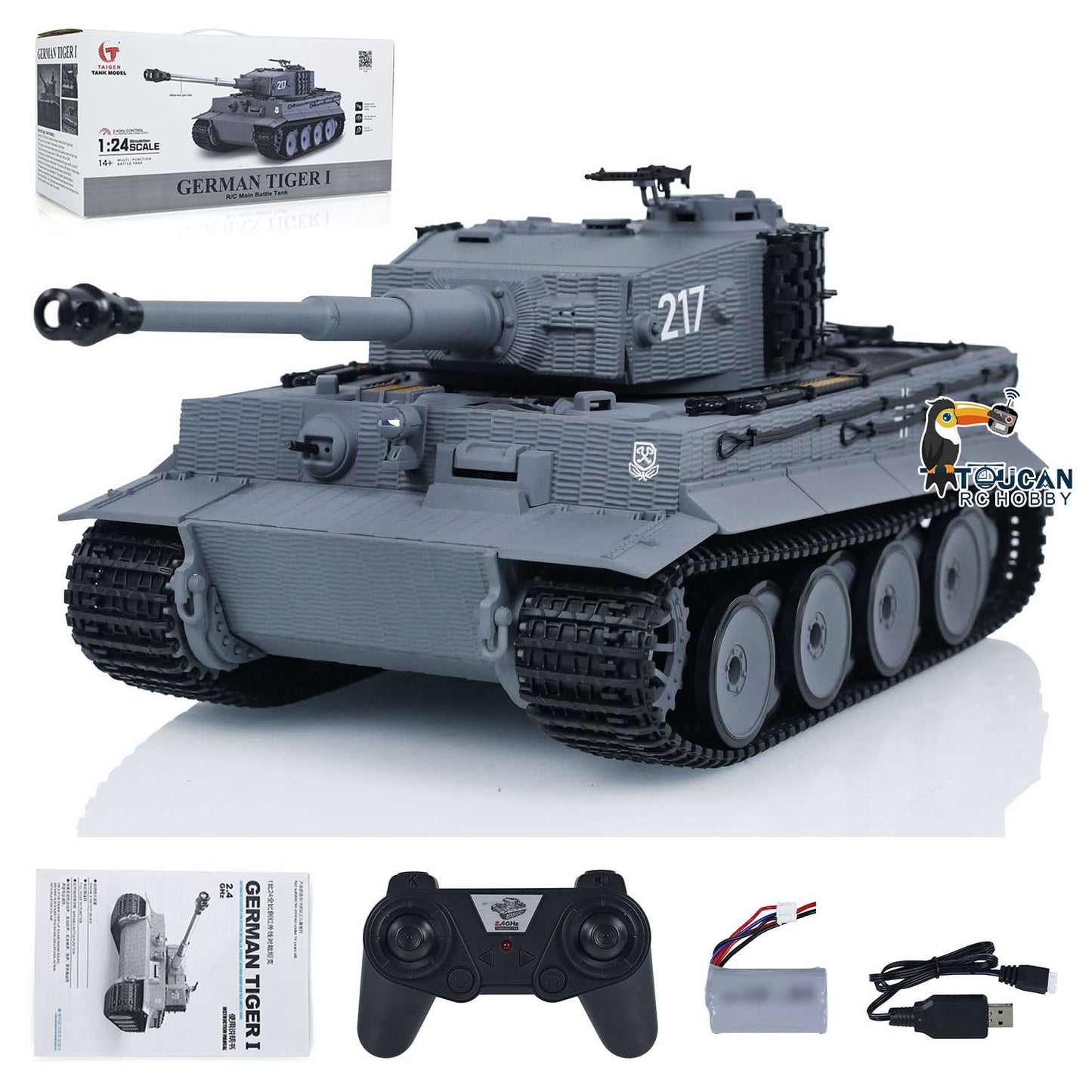 1/24 217 007 RC Battle Tank Tiger I Remote Control Military Tanks Armored Panzer Infrared Combat USB Assembled and Painted