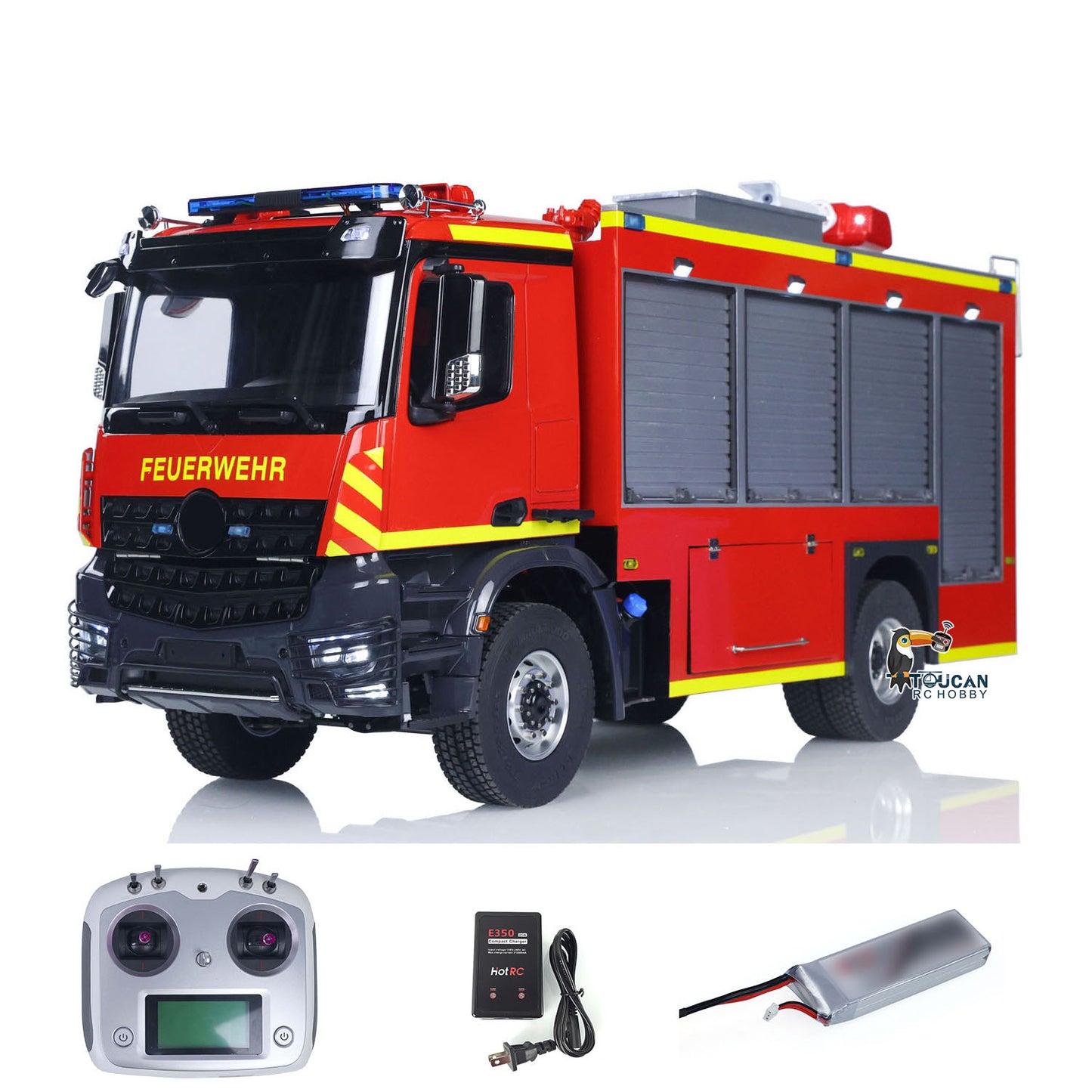 1/14 RC Fire Fighting Truck RTR Radio Controlled Car Model FMX AWD 2Speed Metal Gerabox Axles Water Spraying Electric Vehicle