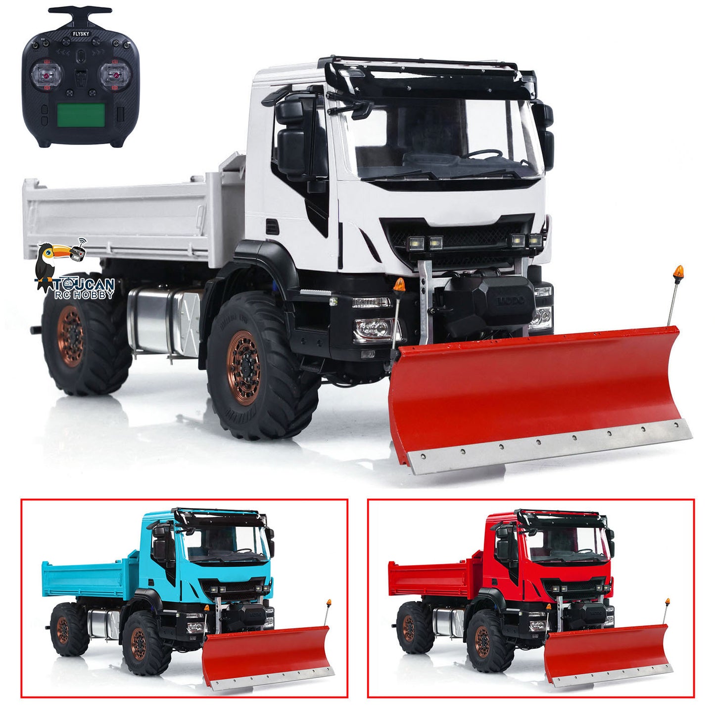 Metal 4*4 1/14 RC Hydraulic Dumper Trucks with Snow Shovel Remote Control Tipper Cars LED Light Sound FlySky ST8 Radio System